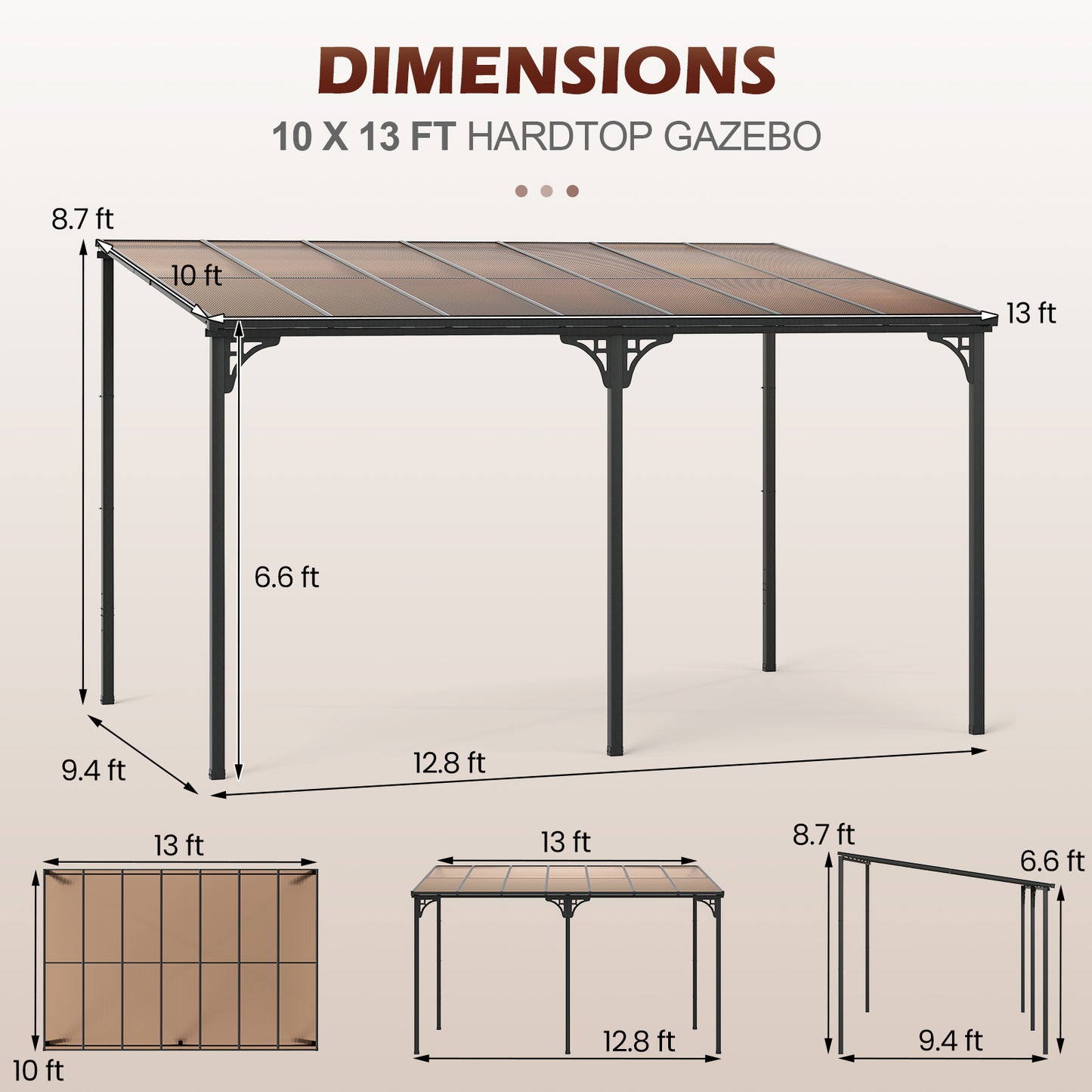 Wall-Mounted Patio Gazebo Large Outdoor Hardtop Pergola with Sloped Polycarbonate Roof, Natural Gazebos at Gallery Canada
