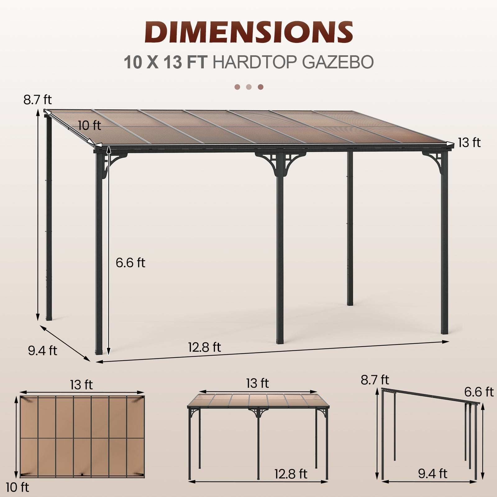 Wall-Mounted Patio Gazebo Large Outdoor Hardtop Pergola with Sloped Polycarbonate Roof, Natural Gazebos at Gallery Canada