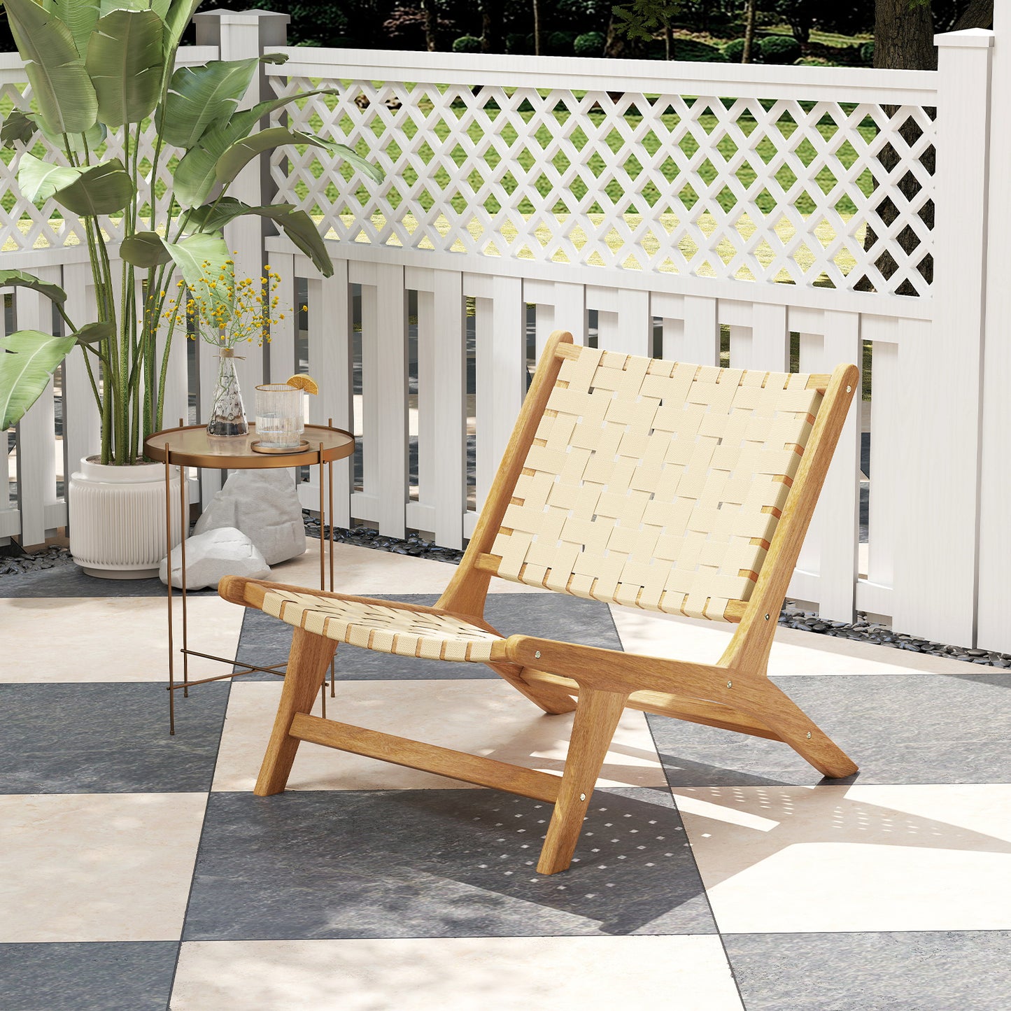 Teak Wood Patio Chair Armless with Webbing Seat and Backrest, Natural Patio Dining Chairs at Gallery Canada