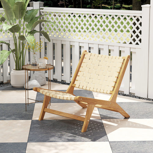Teak Wood Patio Chair Armless with Webbing Seat and Backrest, Natural