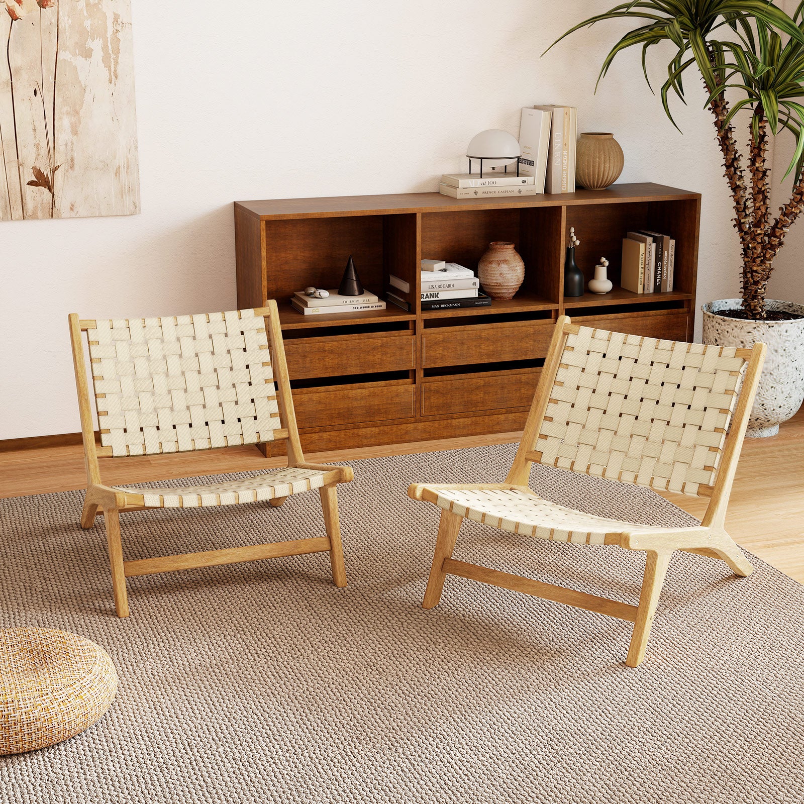 Teak Wood Patio Chair Armless with Webbing Seat and Backrest, Natural Patio Dining Chairs at Gallery Canada