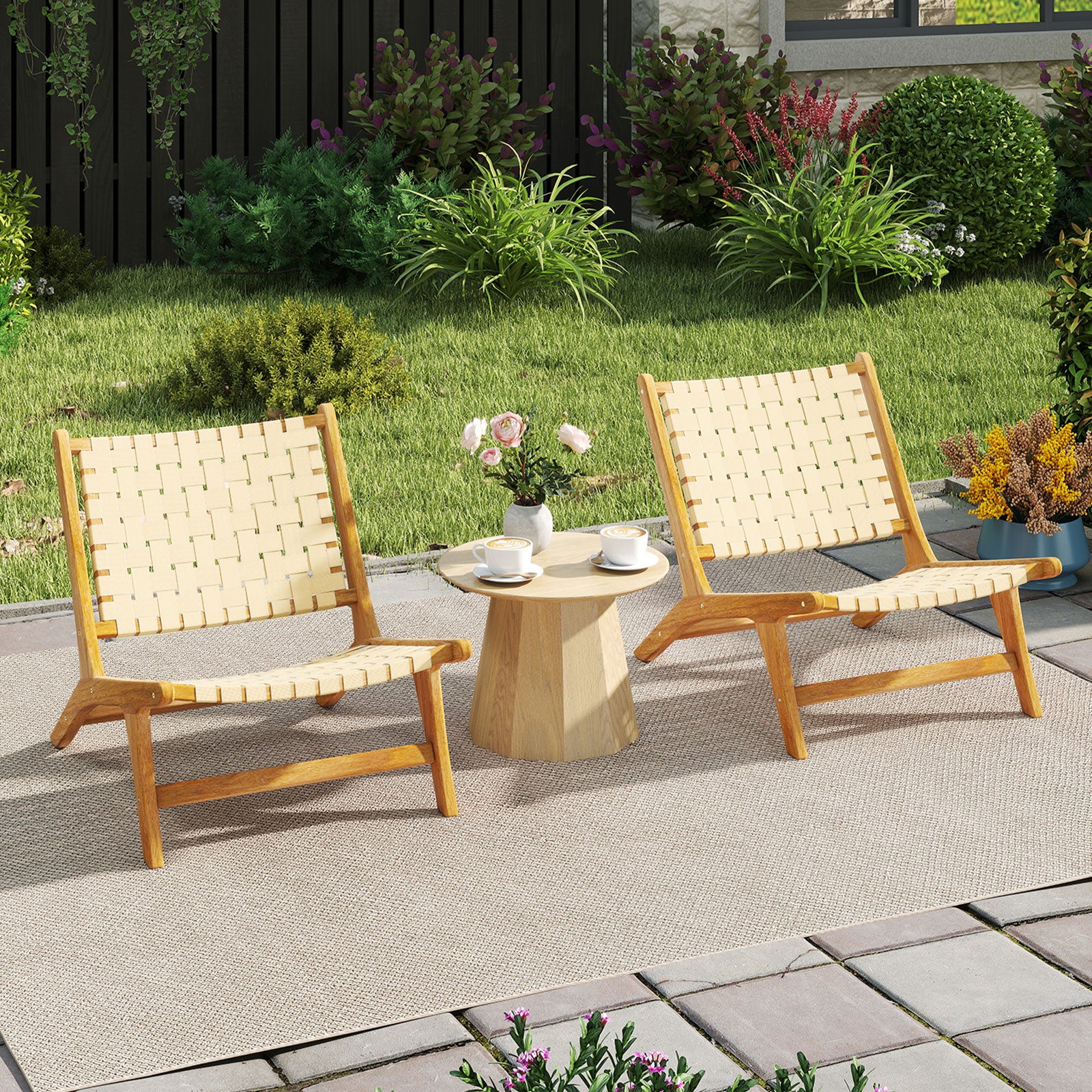 Teak Wood Patio Chair Armless with Webbing Seat and Backrest, Natural Patio Dining Chairs at Gallery Canada
