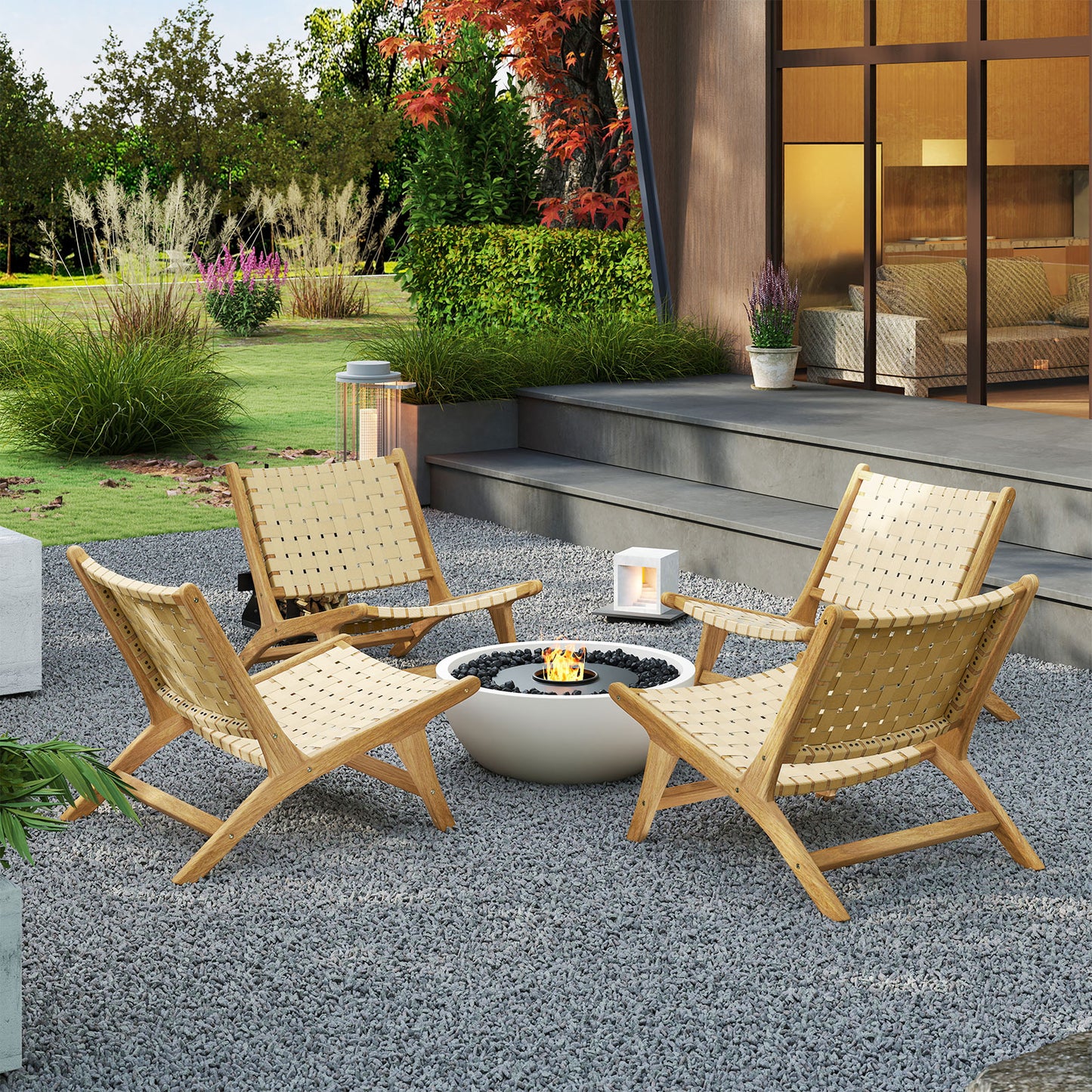Teak Wood Patio Chair Armless with Webbing Seat and Backrest, Natural Patio Dining Chairs at Gallery Canada