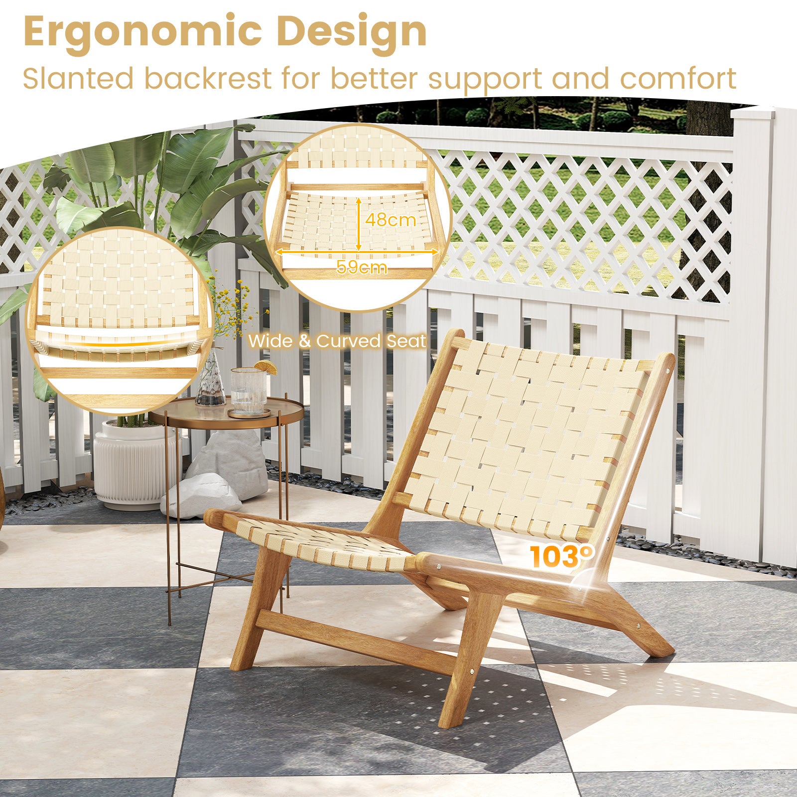 Teak Wood Patio Chair Armless with Webbing Seat and Backrest, Natural Patio Dining Chairs at Gallery Canada