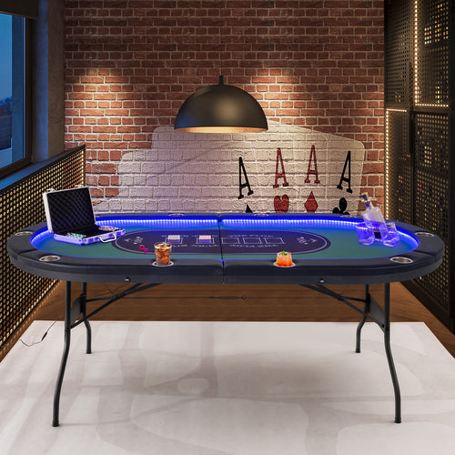 Foldable 10-Player Poker Table with LED Lights and USB Ports Ideal for Texas Casino, Green