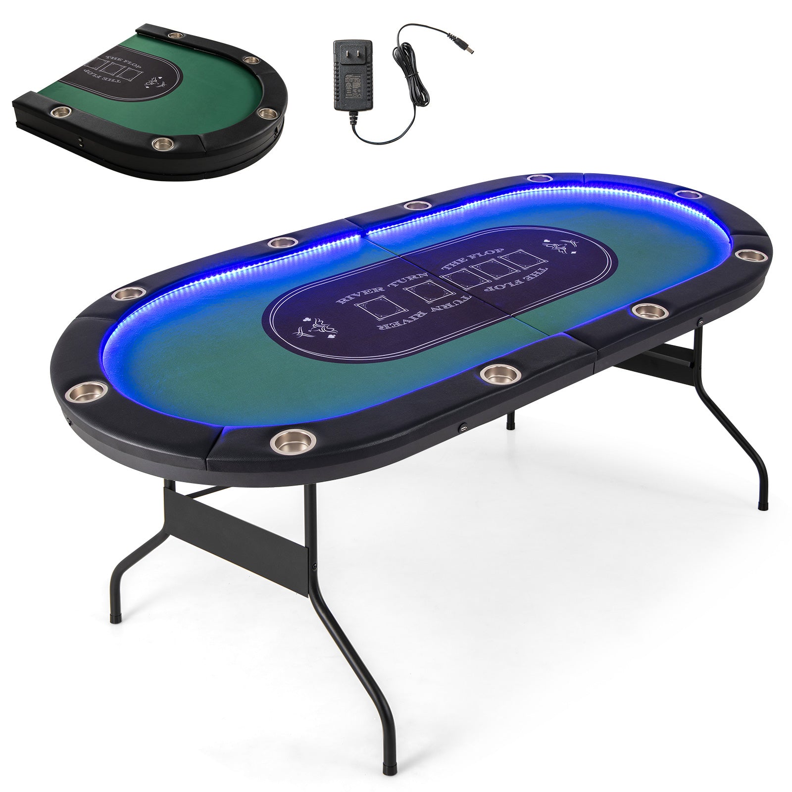 Foldable 10-Player Poker Table with LED Lights and USB Ports Ideal for Texas Casino, Green Game Room at Gallery Canada