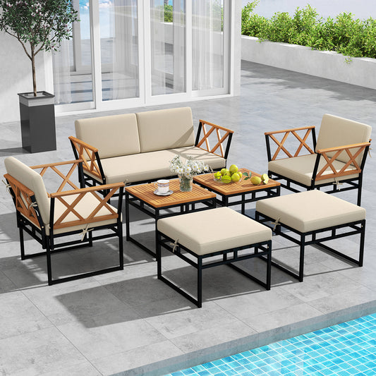 7 Piece Outdoor Conversation Set with Cushions and Bungee Rope Seat, Beige Patio Conversation Sets Beige at Gallery Canada