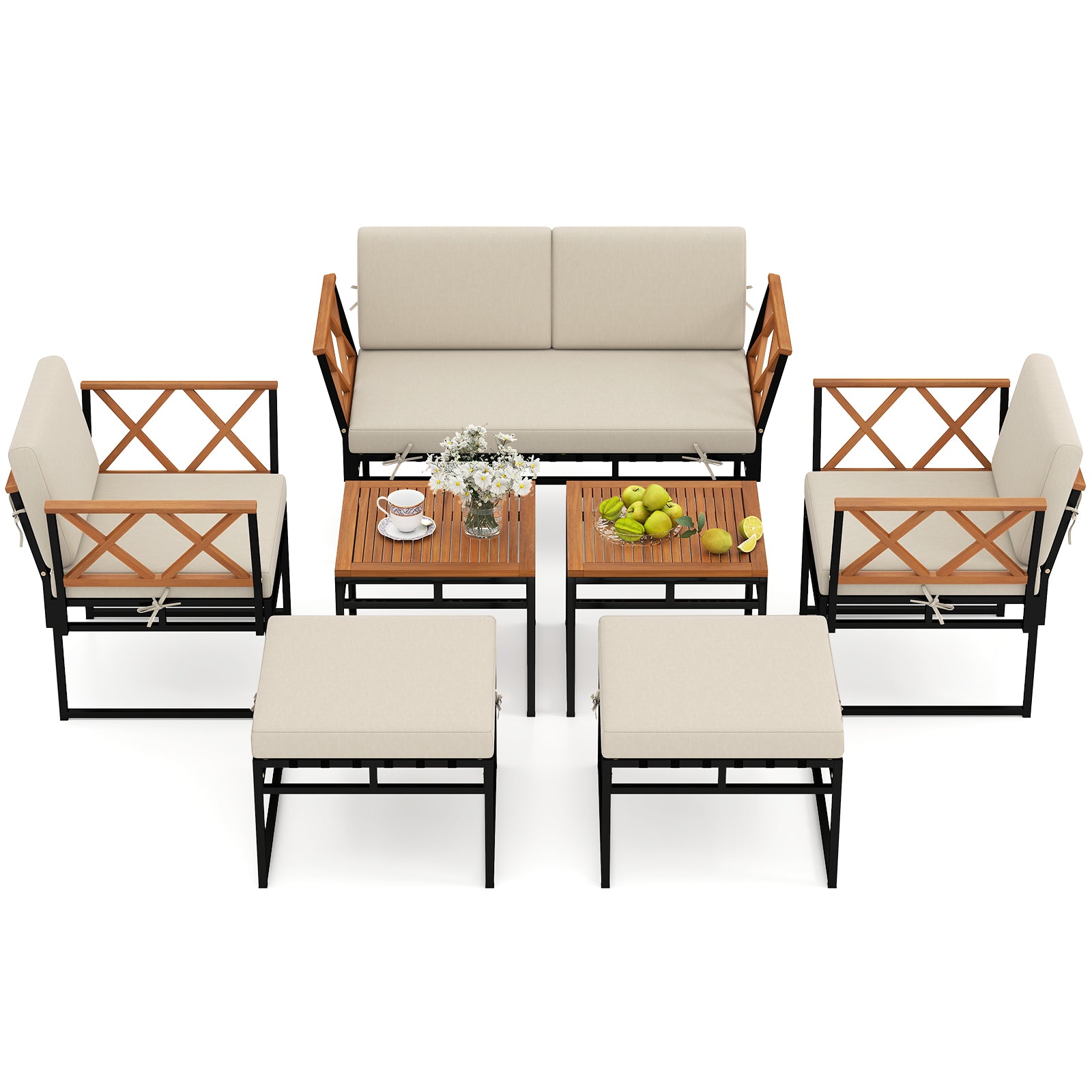 7 Piece Outdoor Conversation Set with Cushions and Bungee Rope Seat, Beige Patio Conversation Sets Beige at Gallery Canada
