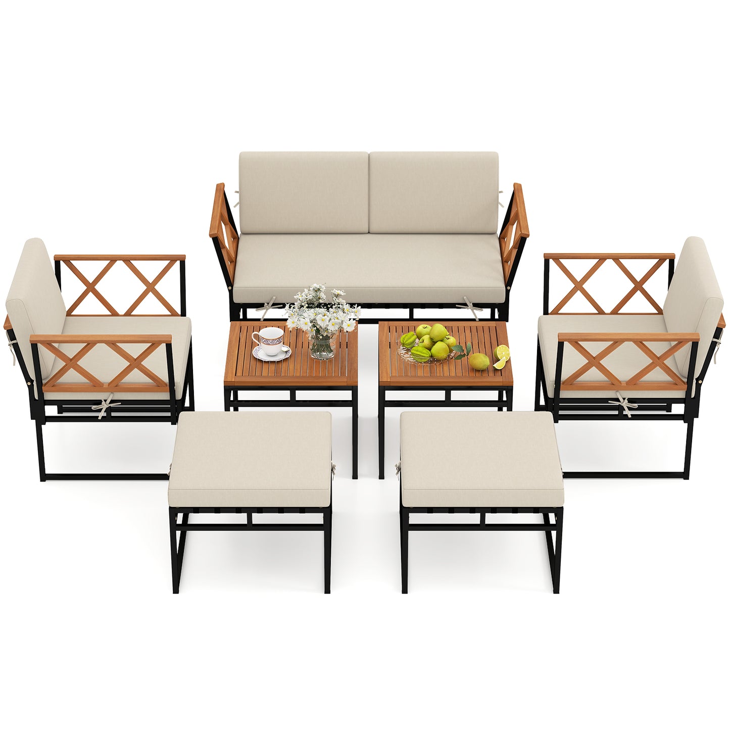 7 Piece Outdoor Conversation Set with Cushions and Bungee Rope Seat, Beige Patio Conversation Sets at Gallery Canada