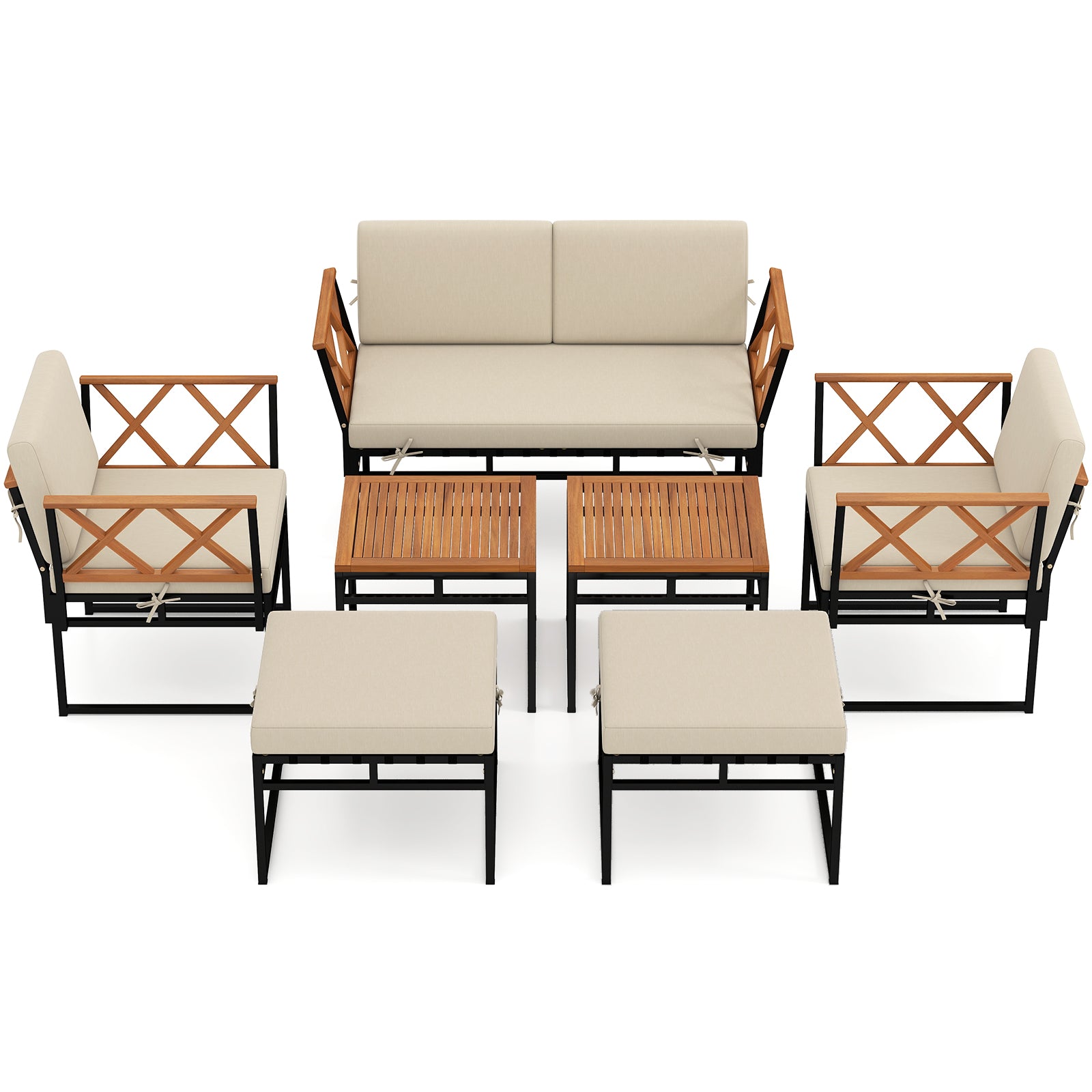 7 Piece Outdoor Conversation Set with Cushions and Bungee Rope Seat, Beige Patio Conversation Sets at Gallery Canada