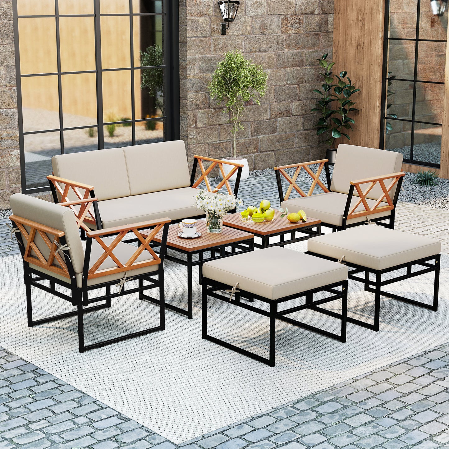 7 Piece Outdoor Conversation Set with Cushions and Bungee Rope Seat, Beige Patio Conversation Sets at Gallery Canada
