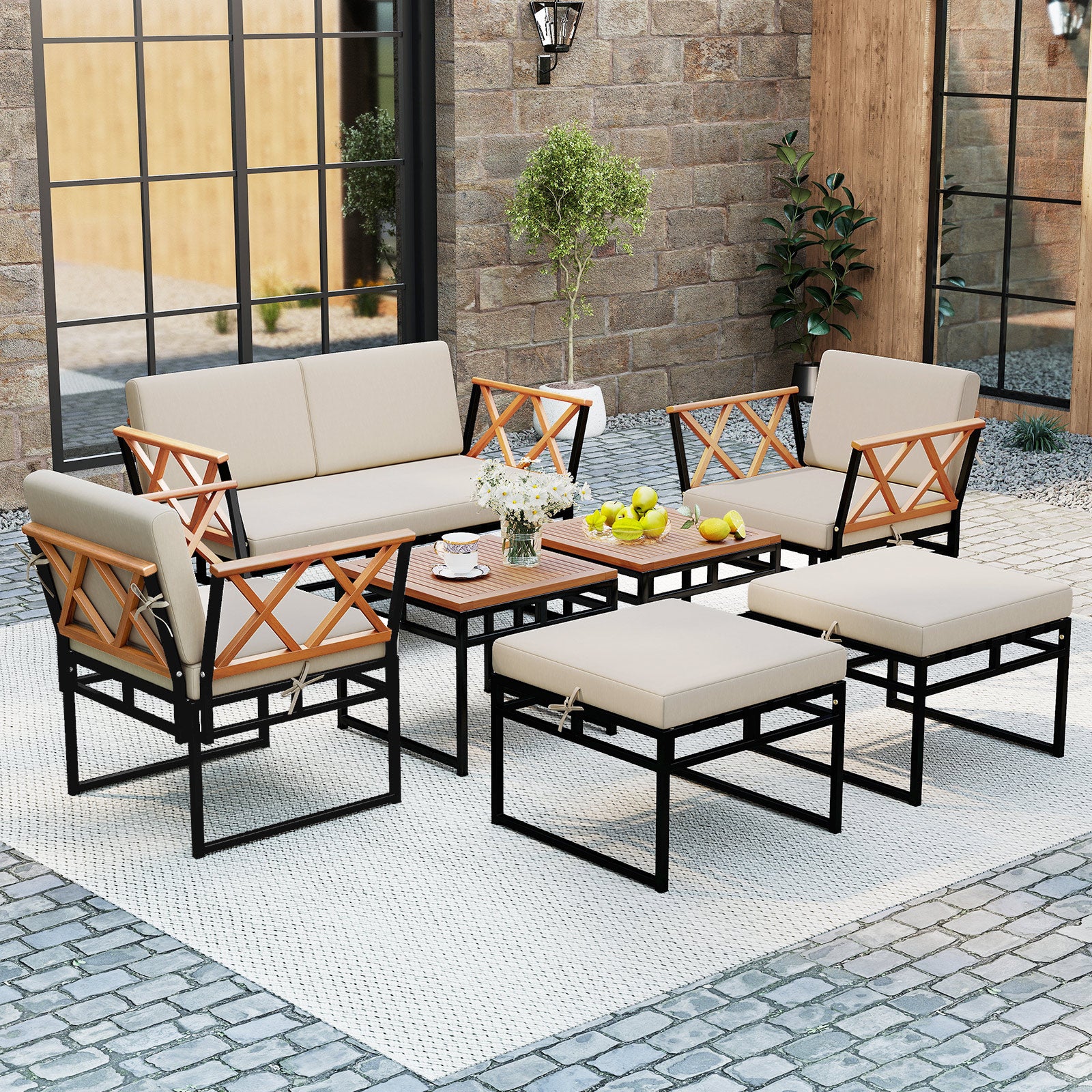 7 Piece Outdoor Conversation Set with Cushions and Bungee Rope Seat, Beige Patio Conversation Sets at Gallery Canada