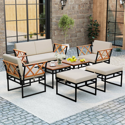 7 Piece Outdoor Conversation Set with Cushions and Bungee Rope Seat, Beige Patio Conversation Sets at Gallery Canada