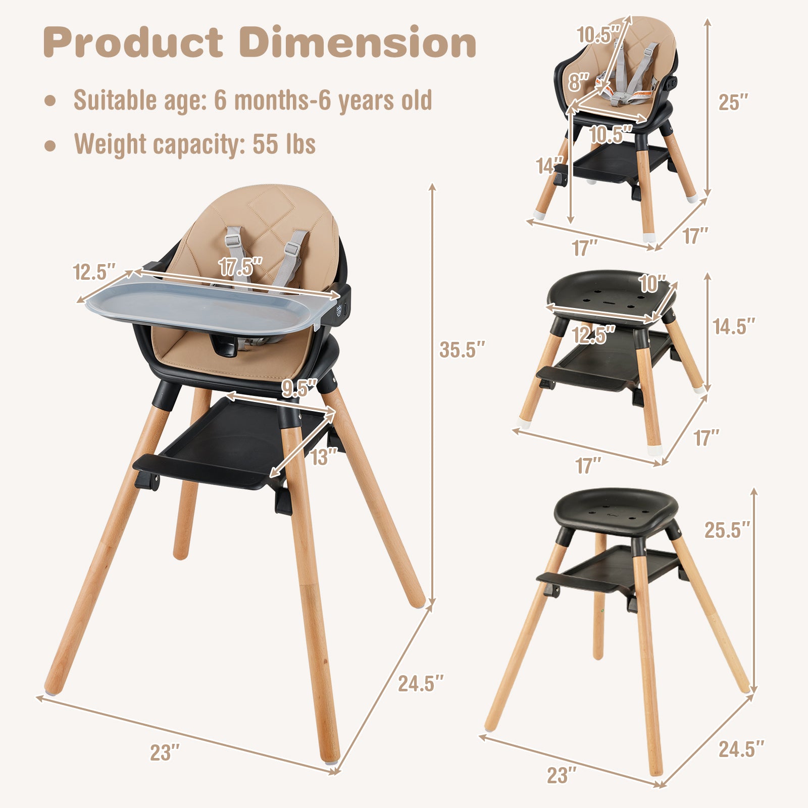 6 in 1 Convertible Highchair with Safety Harness and Removable Tray, Coffee High Chairs at Gallery Canada