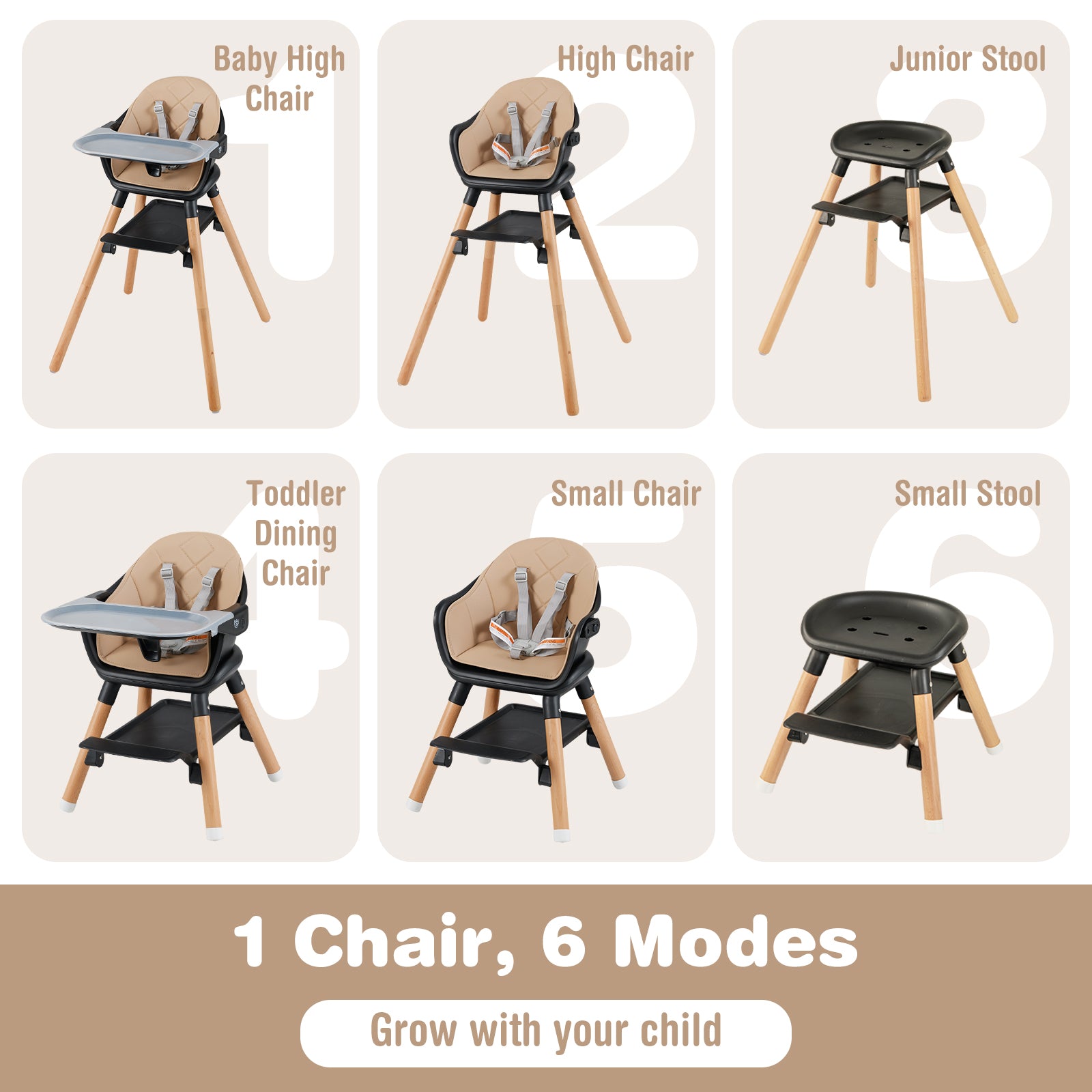 6 in 1 Convertible Highchair with Safety Harness and Removable Tray, Coffee High Chairs at Gallery Canada