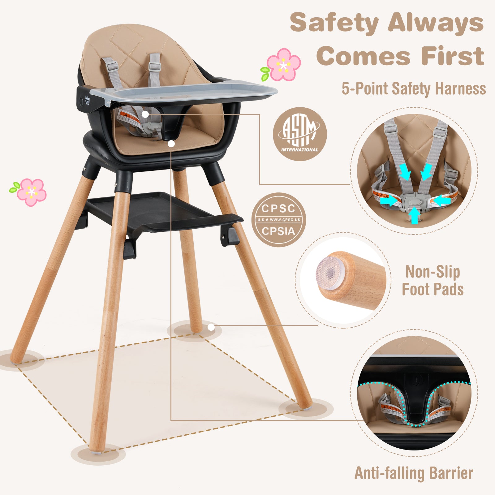6 in 1 Convertible Highchair with Safety Harness and Removable Tray, Coffee High Chairs at Gallery Canada