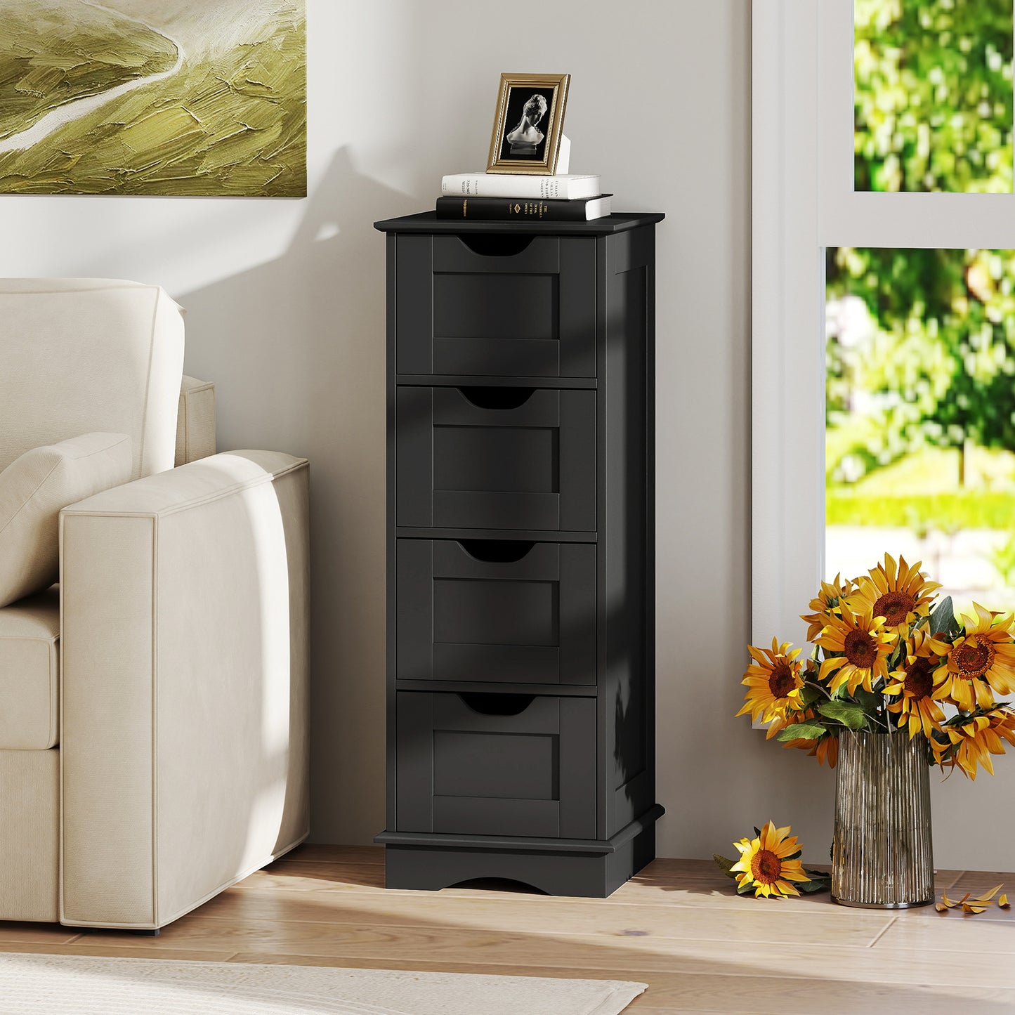 Bathroom Storage Cabinet with Cutout Handles and 4 Drawers, Black Floor Cabinets at Gallery Canada