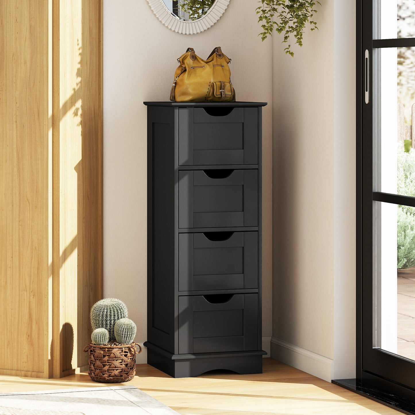 Bathroom Storage Cabinet with Cutout Handles and 4 Drawers, Black Floor Cabinets at Gallery Canada