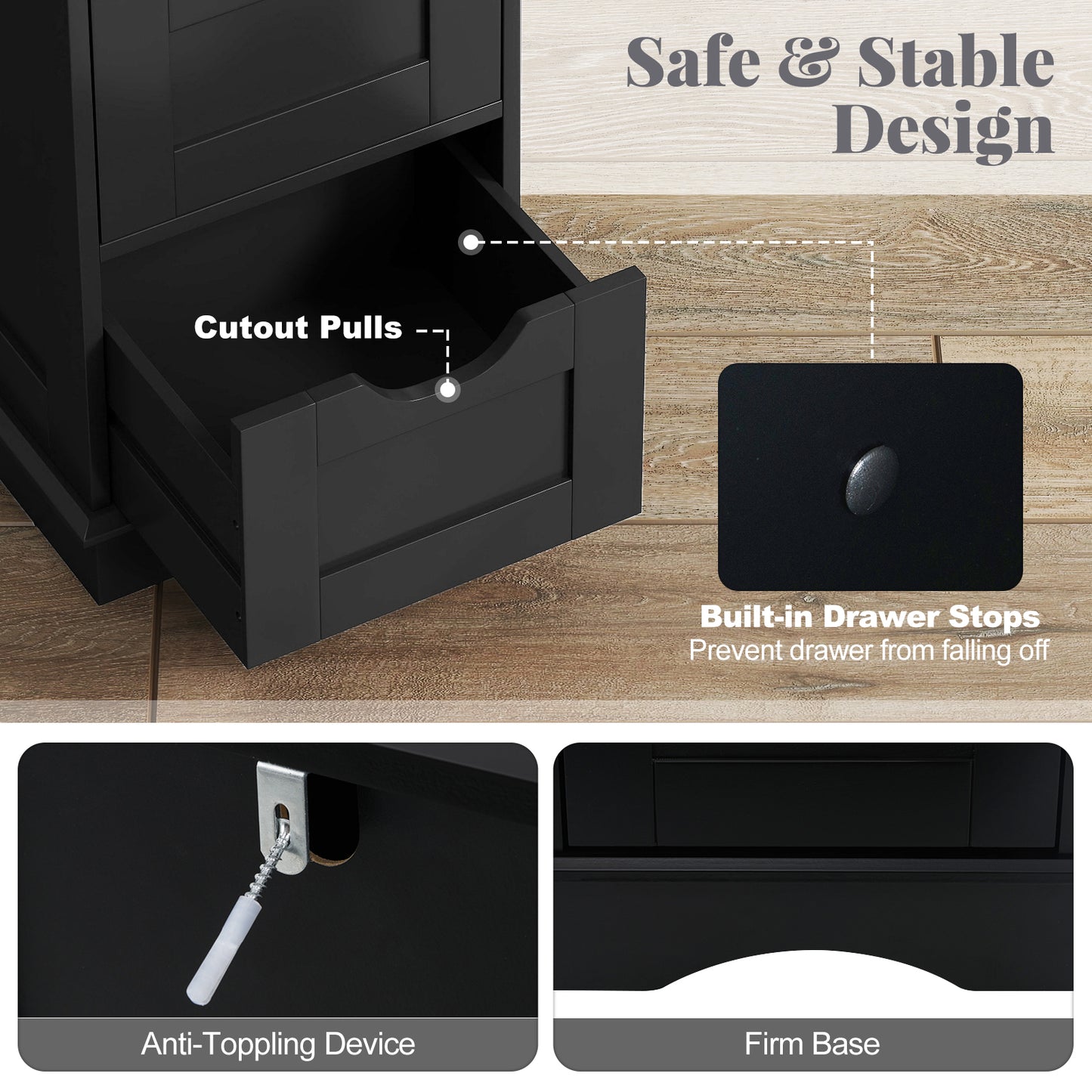 Bathroom Storage Cabinet with Cutout Handles and 4 Drawers, Black Floor Cabinets at Gallery Canada
