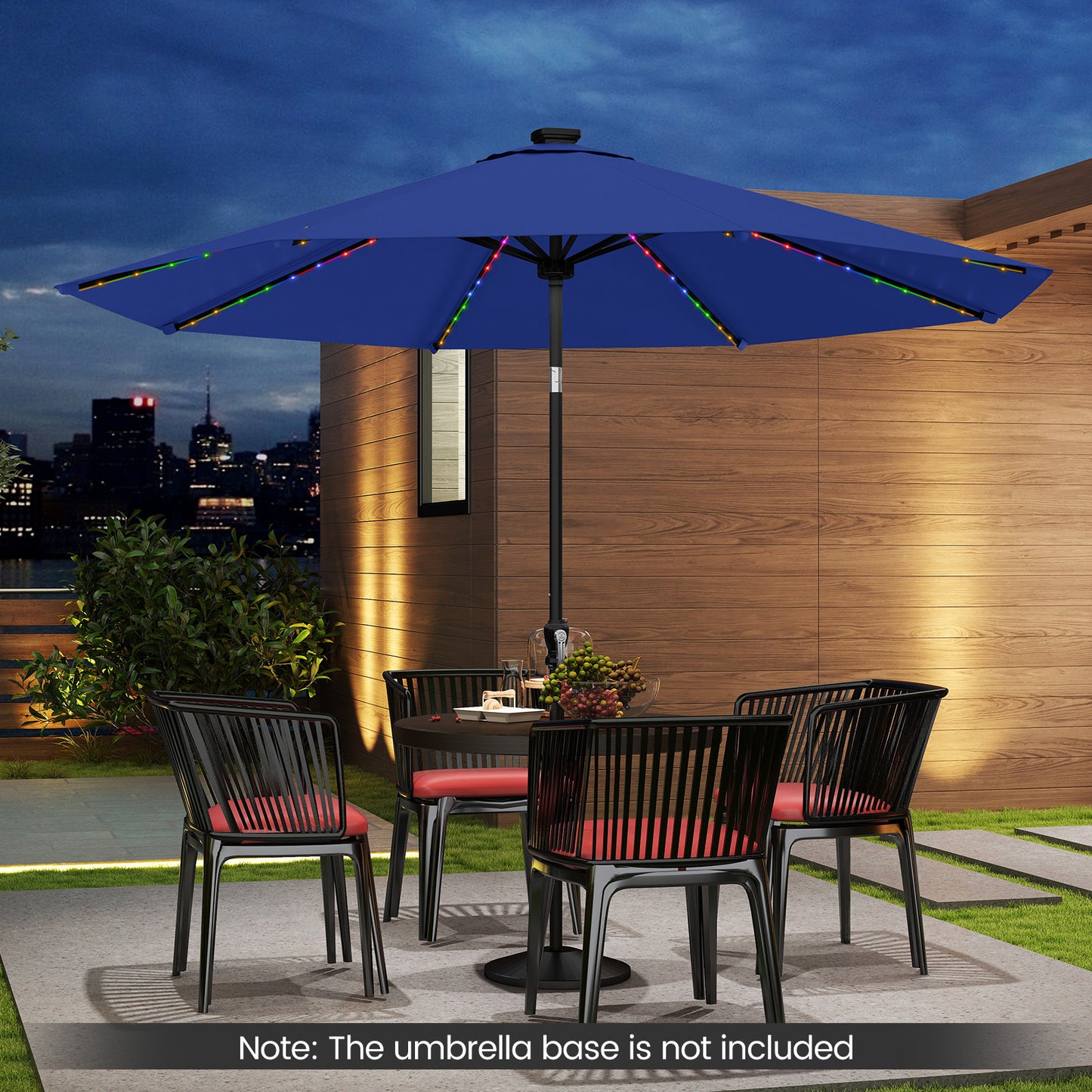 10 Feet Solar Patio Umbrella with 96 Multi-Colored Flowing LED Lights and Tilt Adjustment, Navy Outdoor Umbrellas at Gallery Canada