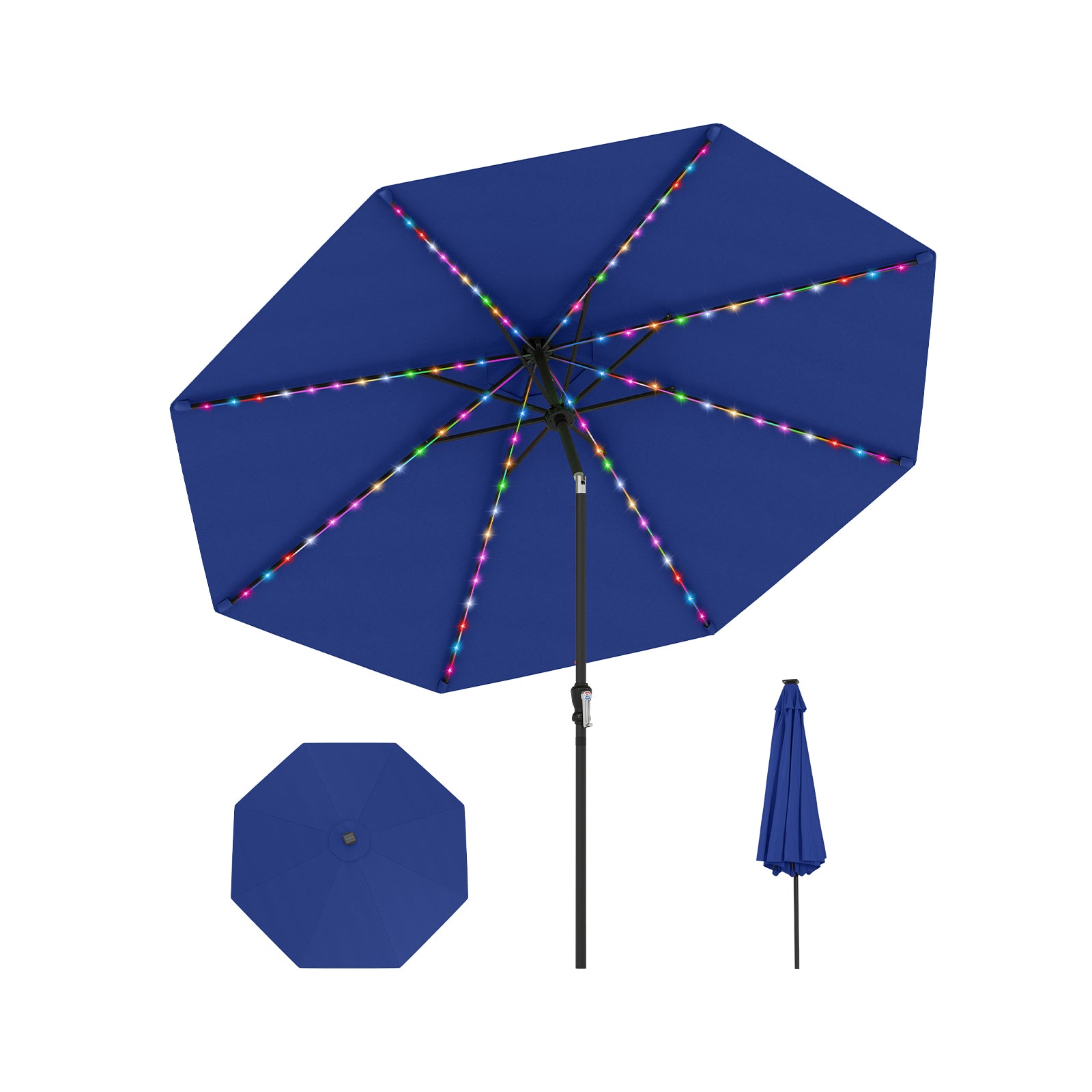 10 Feet Solar Patio Umbrella, 96 Multi-Colored LED Lights, Tilt Adjustment, Navy Outdoor Umbrellas at Gallery Canada