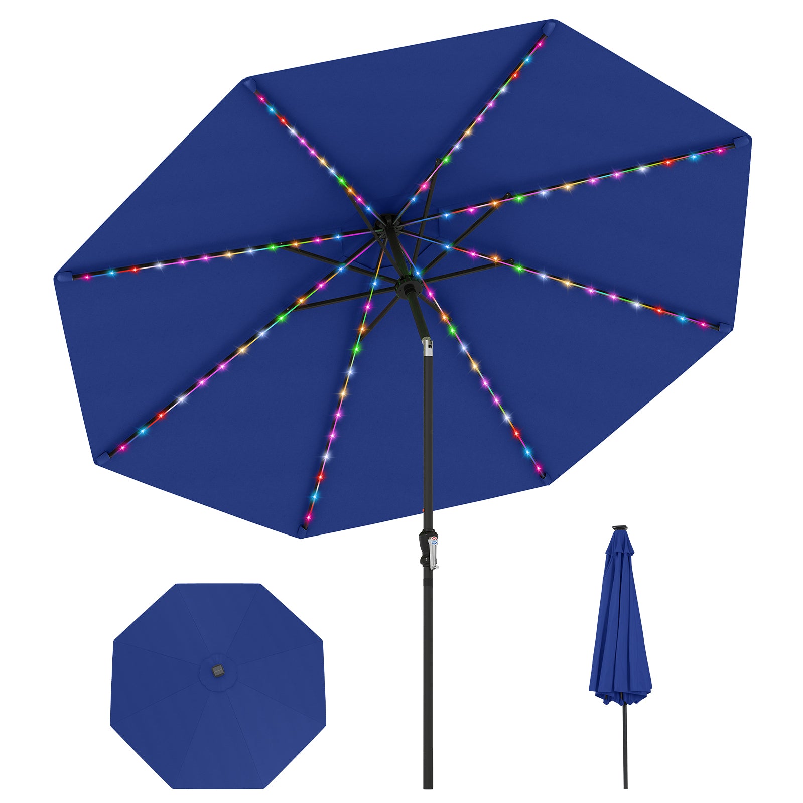 10 Feet Solar Patio Umbrella with 96 Multi-Colored Flowing LED Lights and Tilt Adjustment, Navy Outdoor Umbrellas at Gallery Canada