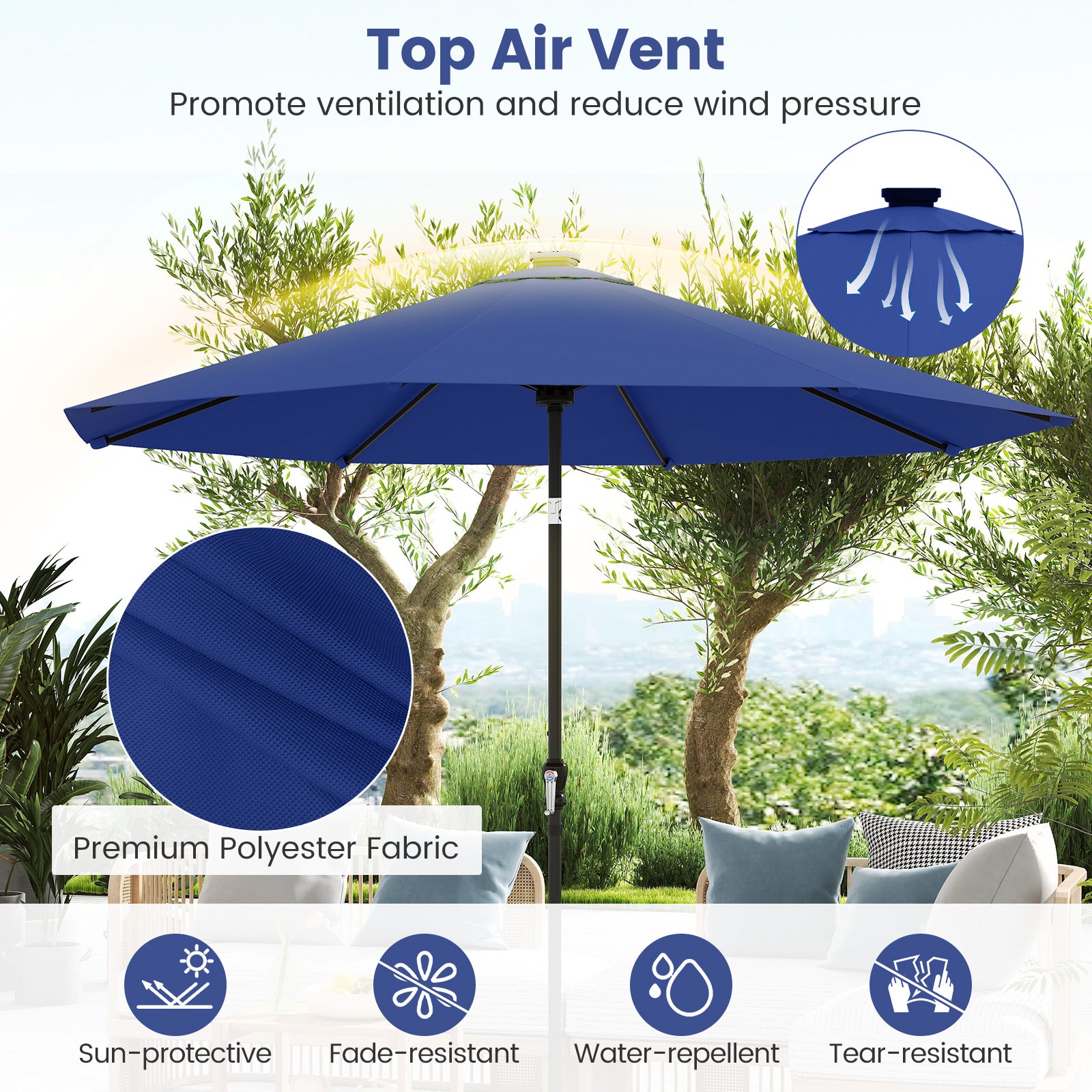 10 Feet Solar Patio Umbrella with 96 Multi-Colored Flowing LED Lights and Tilt Adjustment, Navy Outdoor Umbrellas at Gallery Canada