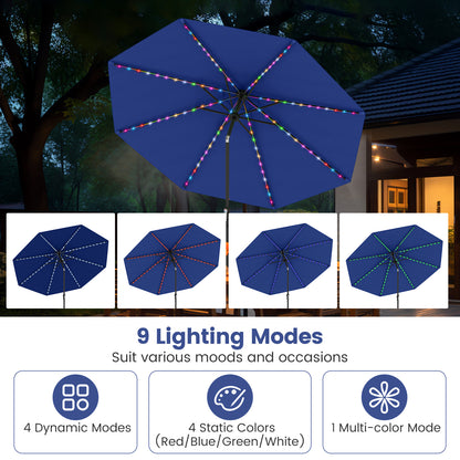 10 Feet Solar Patio Umbrella with 96 Multi-Colored Flowing LED Lights and Tilt Adjustment, Navy Outdoor Umbrellas at Gallery Canada