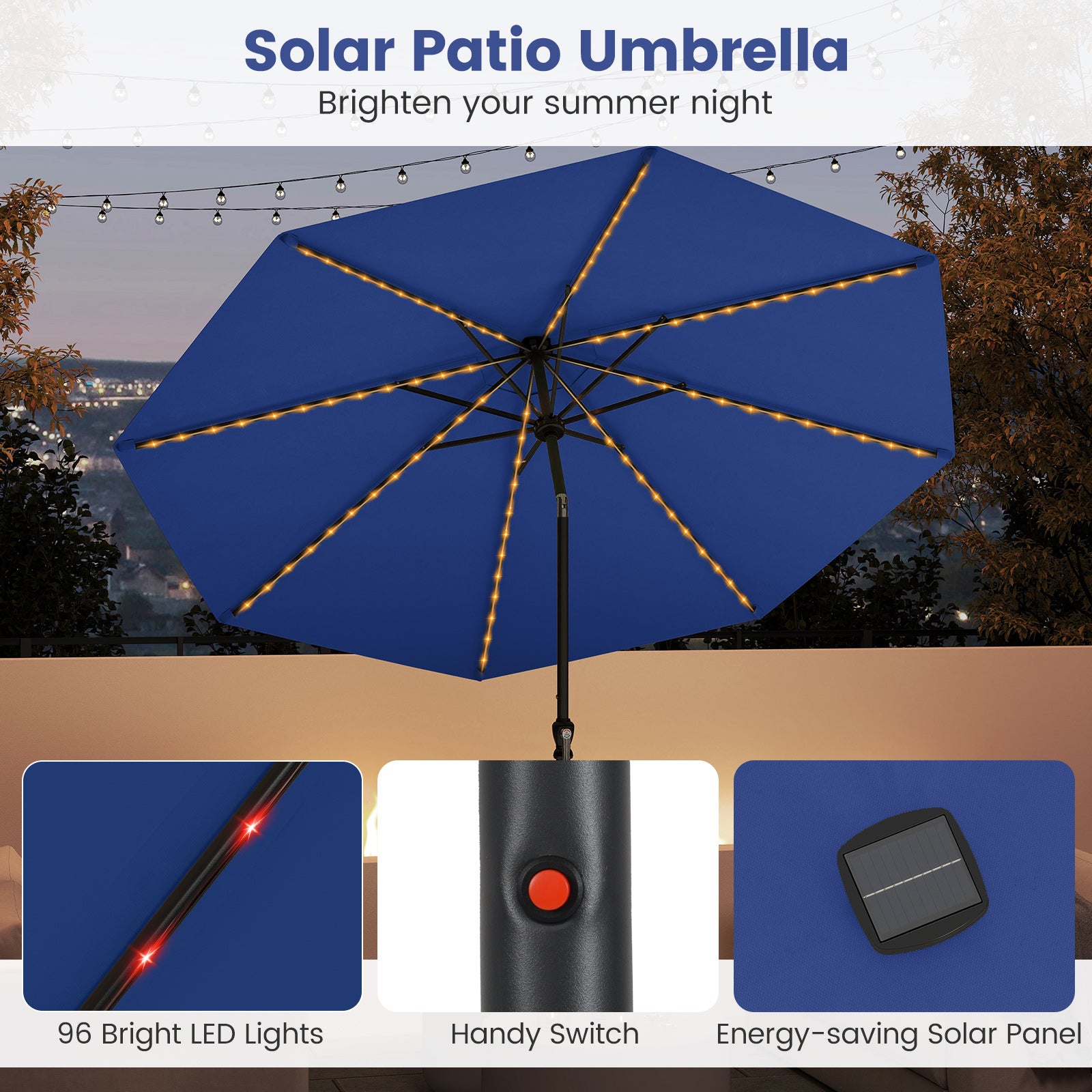 10 Feet Solar Patio Umbrella with 96 Multi-Colored Flowing LED Lights and Tilt Adjustment, Navy Outdoor Umbrellas at Gallery Canada