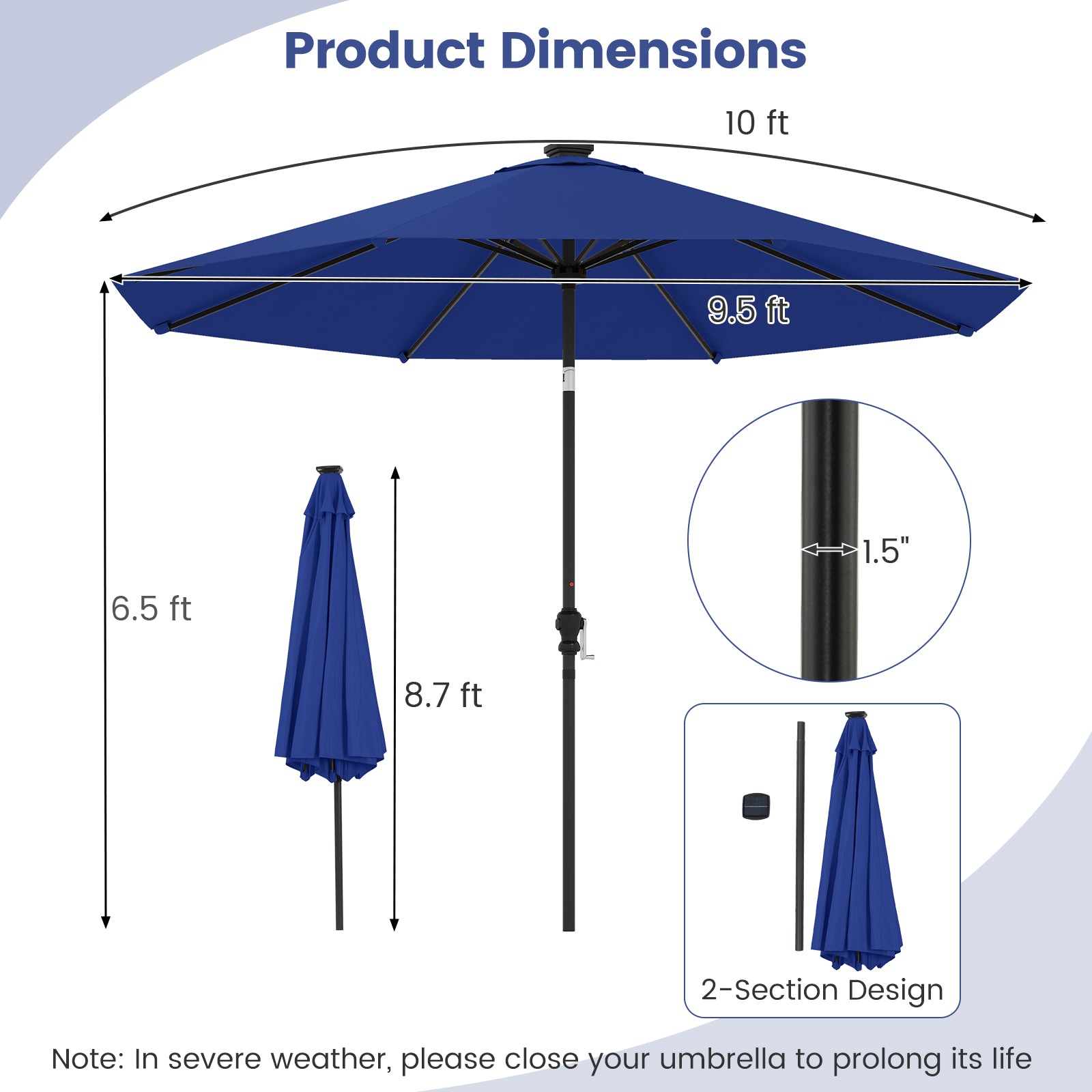 10 Feet Solar Patio Umbrella with 96 Multi-Colored Flowing LED Lights and Tilt Adjustment, Navy Outdoor Umbrellas at Gallery Canada
