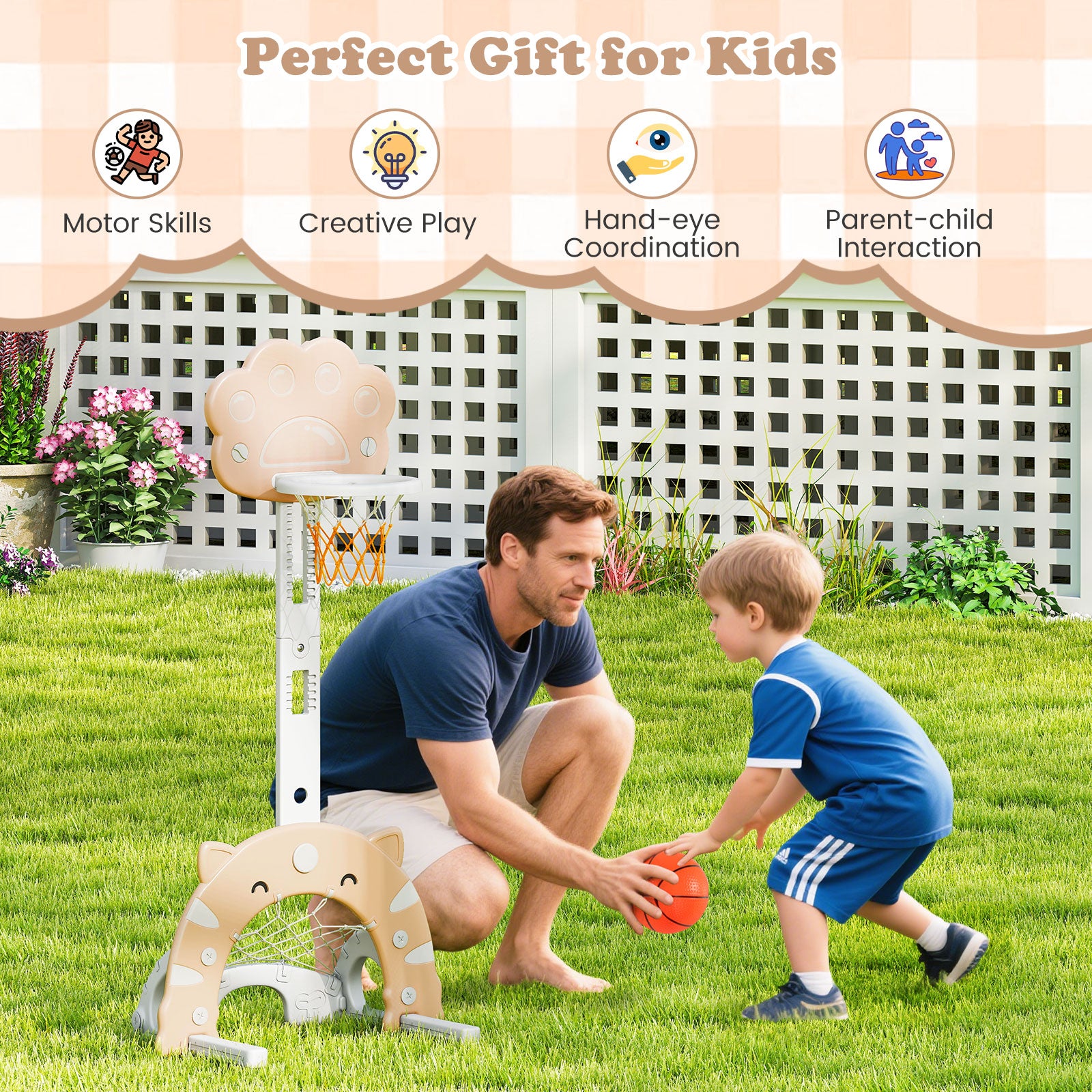 3 in 1 Kids Basketball Hoop with Basketball and Foldable Rim, Beige Toy Sports at Gallery Canada