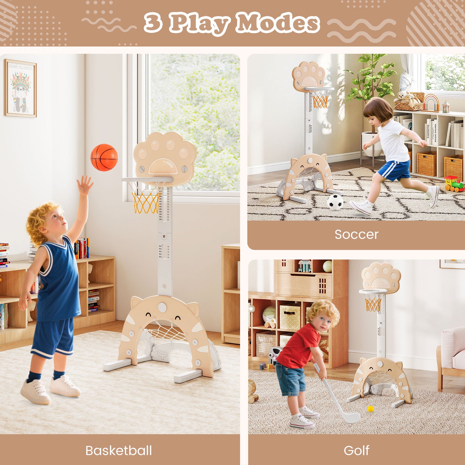 3 in 1 Kids Basketball Hoop with Basketball and Foldable Rim, Beige Toy Sports at Gallery Canada