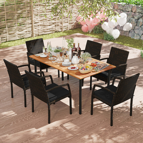 7 Pieces Patio Rattan Cushioned Dining Set with Umbrella Hole, Black