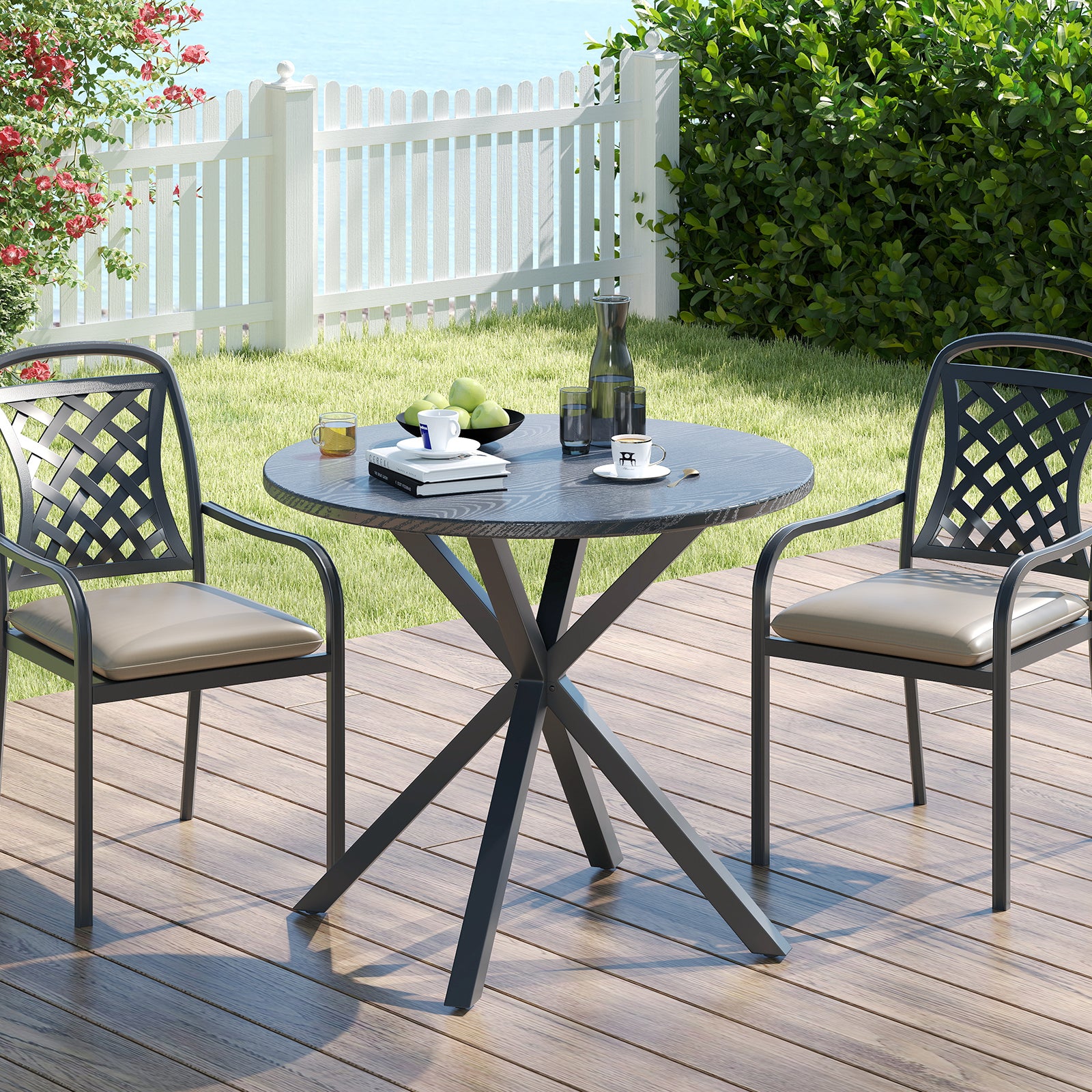 33.5 Inch Round Patio Bistro Table with Wood-Like Top and X-Shaped Legs, Gray Patio Dining Tables at Gallery Canada