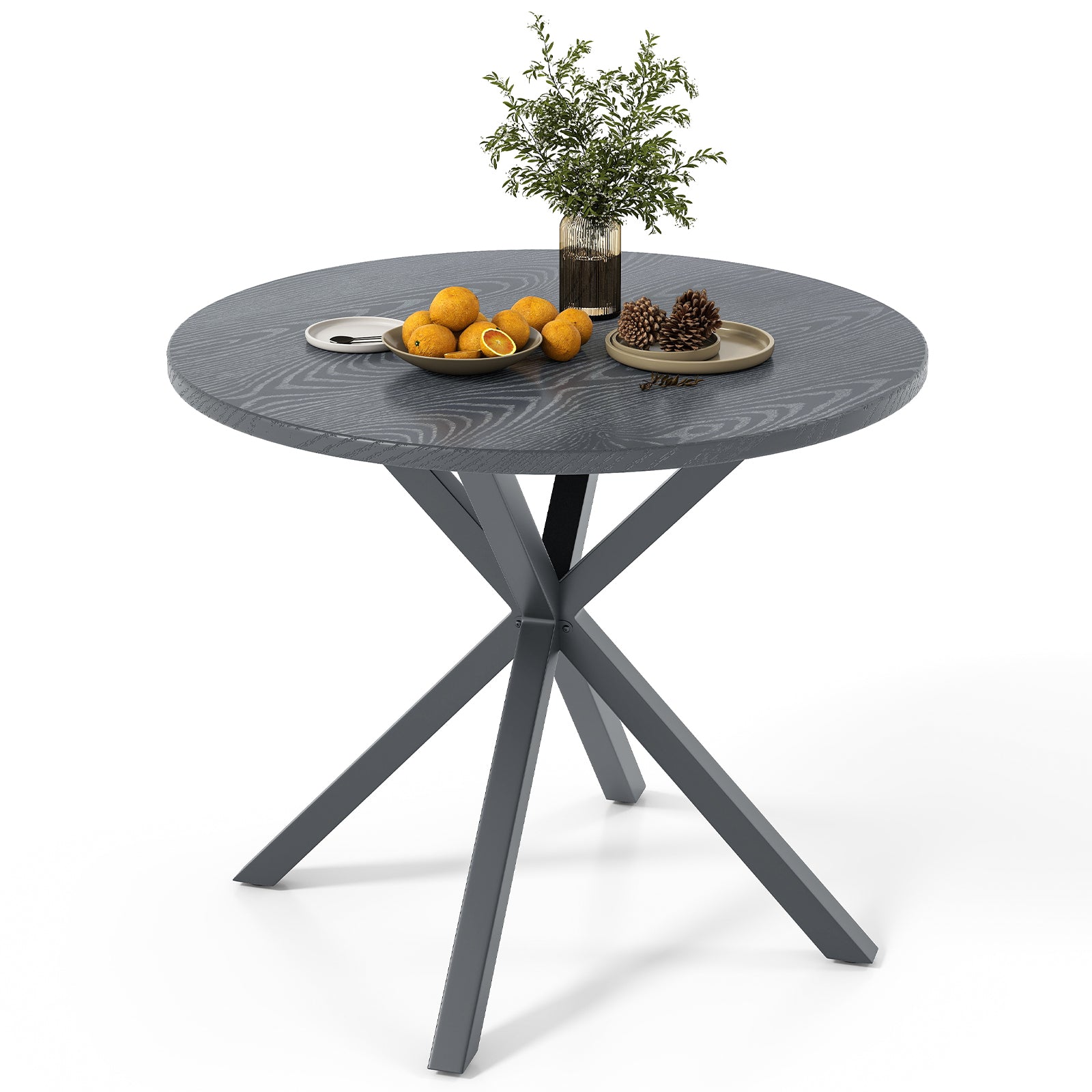 33.5 Inch Round Patio Bistro Table with Wood-Like Top and X-Shaped Legs, Gray Patio Dining Tables at Gallery Canada