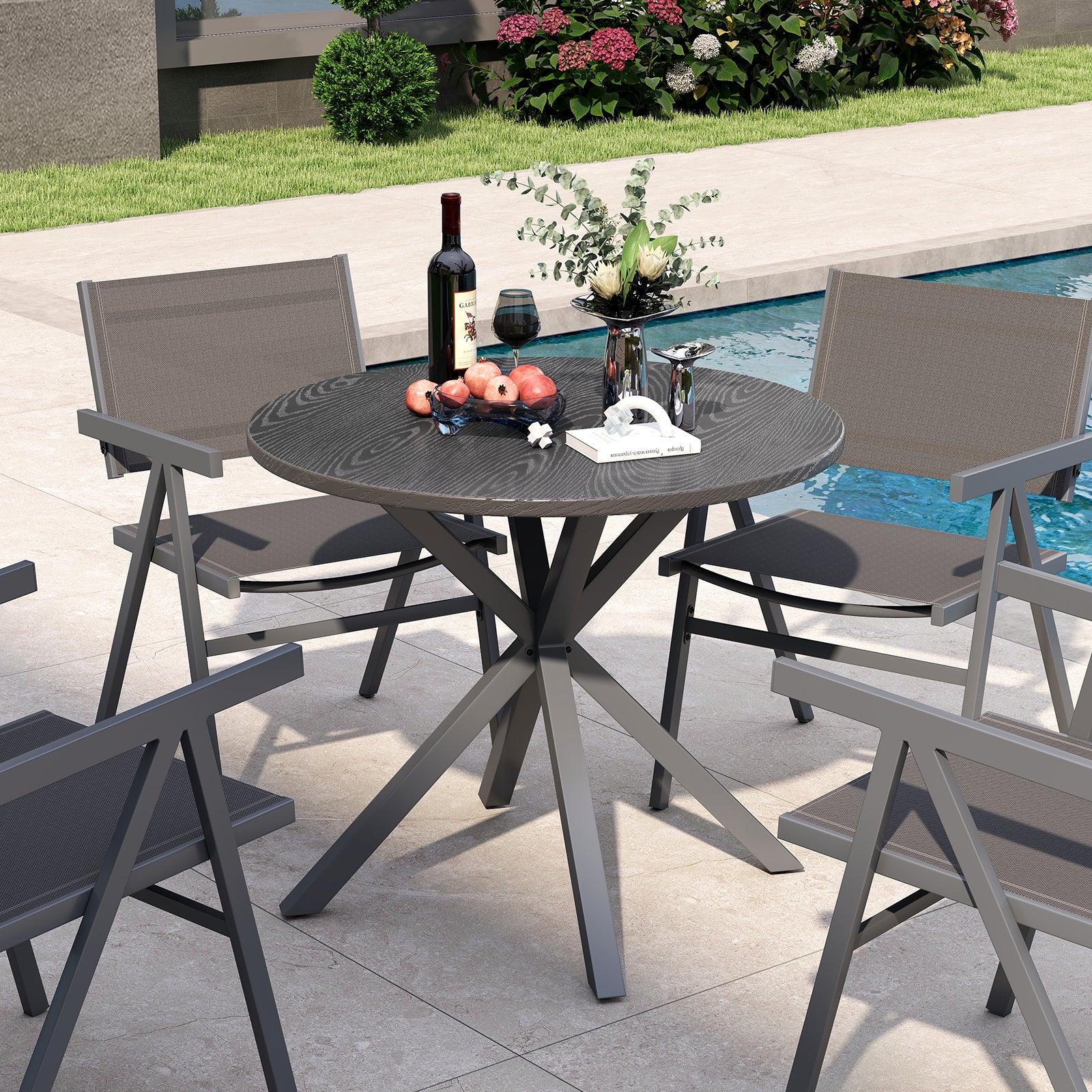 33.5 Inch Round Patio Bistro Table with Wood-Like Top and X-Shaped Legs, Gray Patio Dining Tables at Gallery Canada