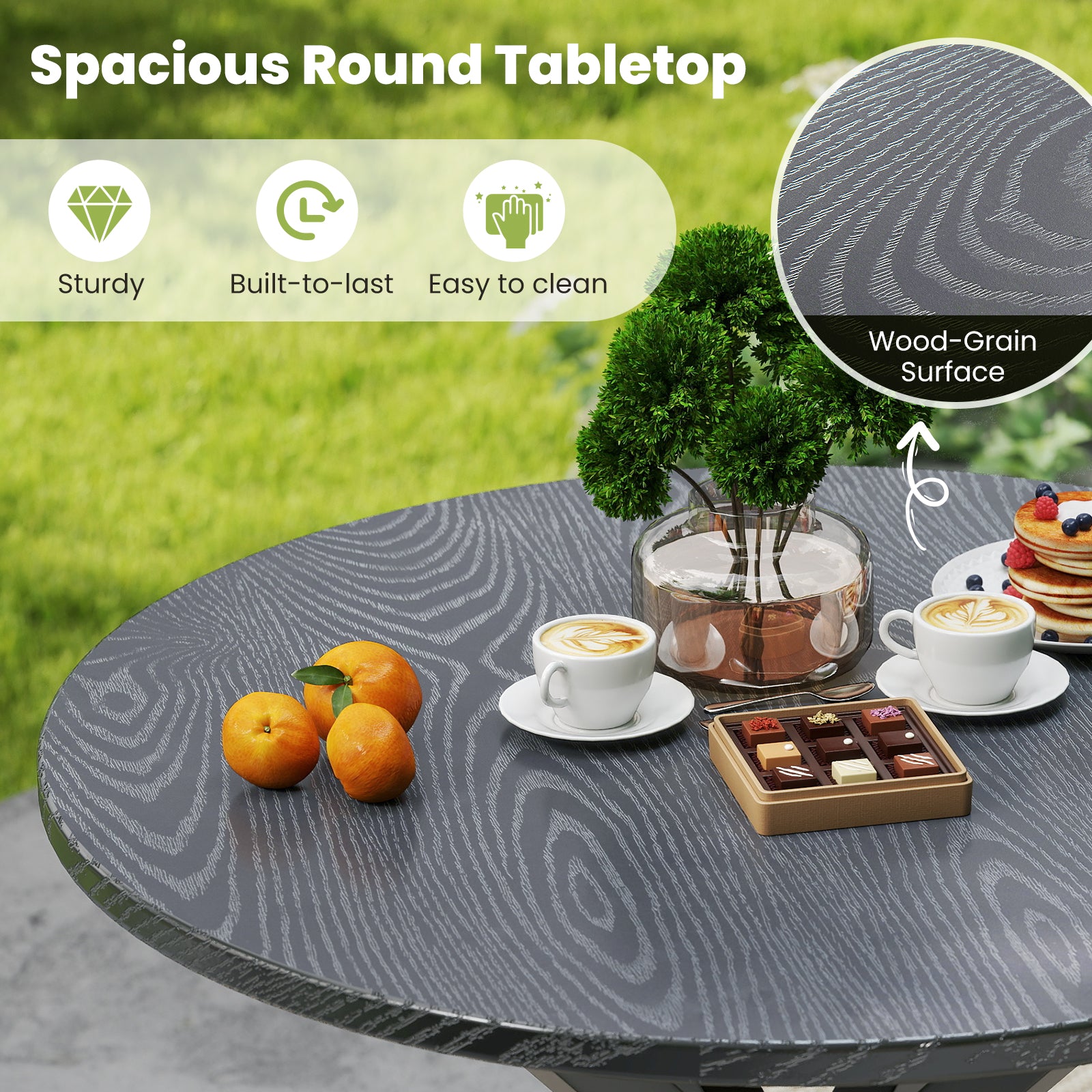 33.5 Inch Round Patio Bistro Table with Wood-Like Top and X-Shaped Legs, Gray Patio Dining Tables at Gallery Canada