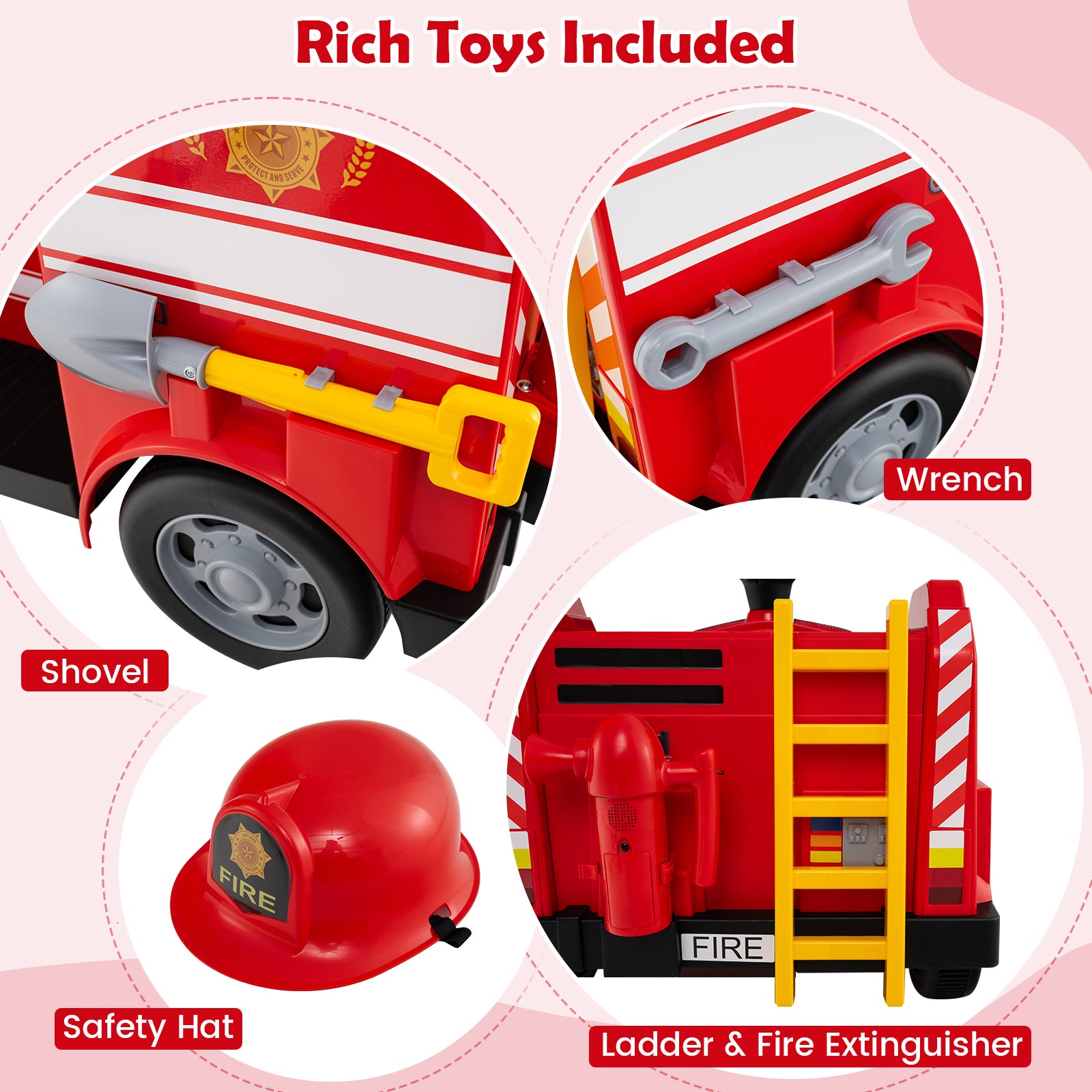 Toddler Fire Toy Car with Shovel and Wrench for Ages 37-95 Months, Red Powered Ride On Toys at Gallery Canada
