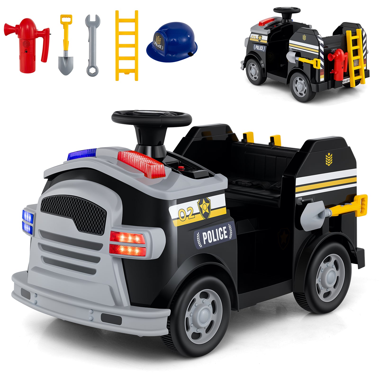 Toddler Fire Toy Car with Shovel and Wrench for Ages 37-95 Months, Black Powered Ride On Toys Black at Gallery Canada