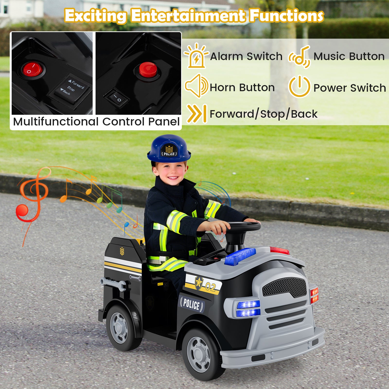 Toddler Fire Toy Car with Shovel and Wrench for Ages 37-95 Months, Black Powered Ride On Toys at Gallery Canada