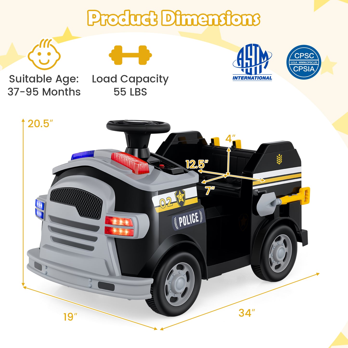 Toddler Fire Toy Car with Shovel and Wrench for Ages 37-95 Months, Black Powered Ride On Toys at Gallery Canada