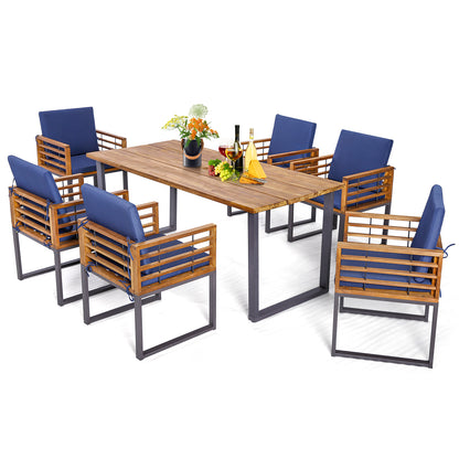 Outdoor Acacia Wood Patio Dining Chairs Set of 6 with Seat Back Cushions, Navy Patio Dining Chairs at Gallery Canada