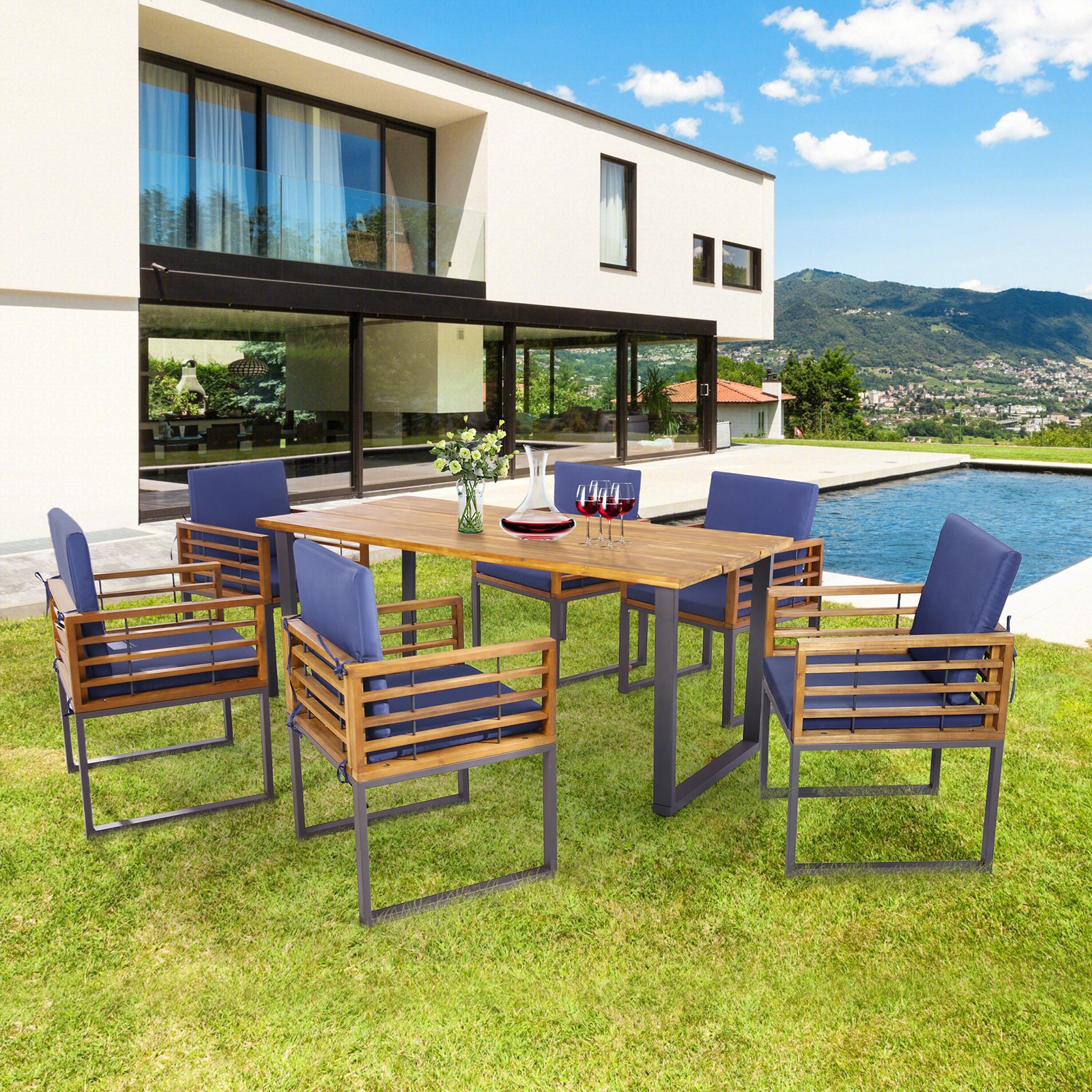 Outdoor Acacia Wood Patio Dining Chairs Set of 6 with Seat Back Cushions, Navy Patio Dining Chairs at Gallery Canada