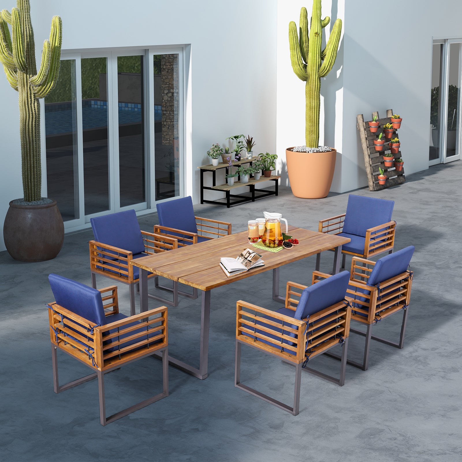 Outdoor Acacia Wood Patio Dining Chairs Set of 6 with Seat Back Cushions, Navy Patio Dining Chairs at Gallery Canada