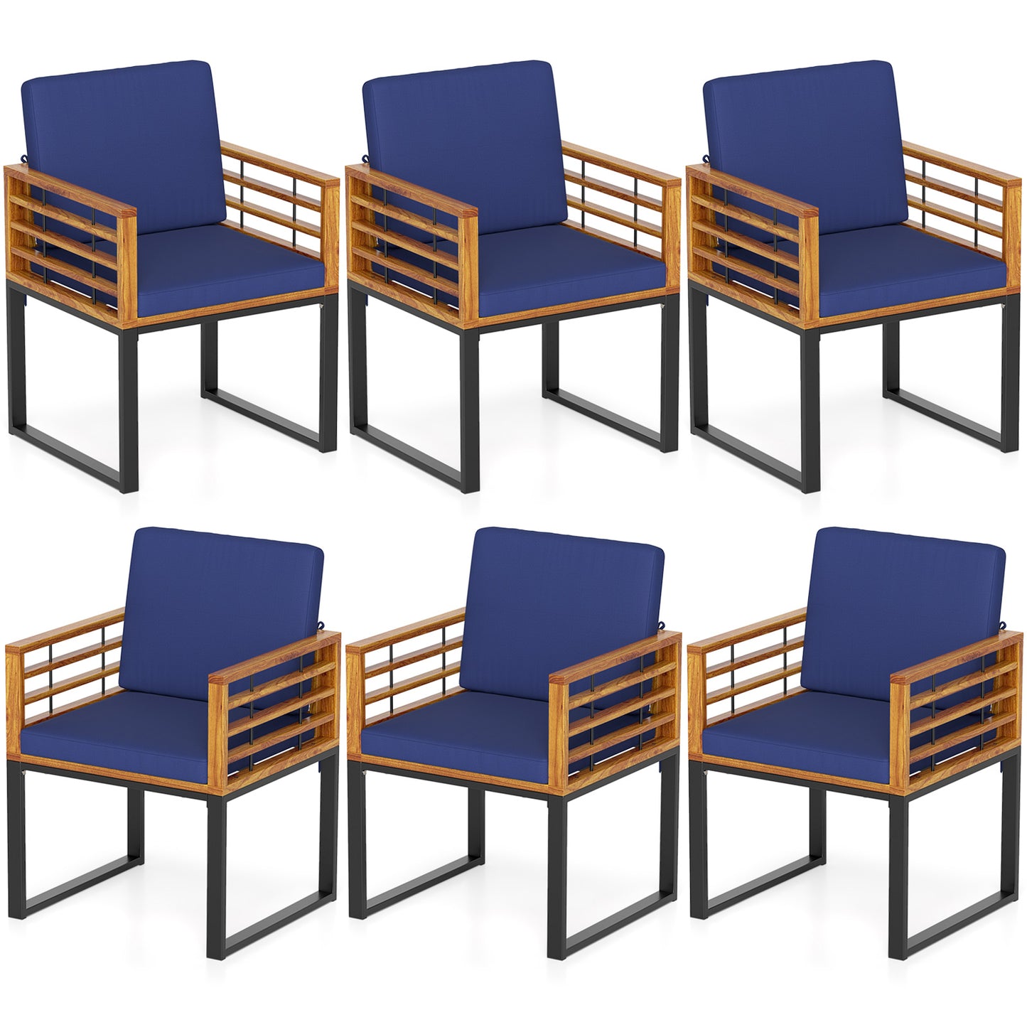 Outdoor Acacia Wood Patio Dining Chairs Set of 6 with Seat Back Cushions, Navy Patio Dining Chairs Navy at Gallery Canada