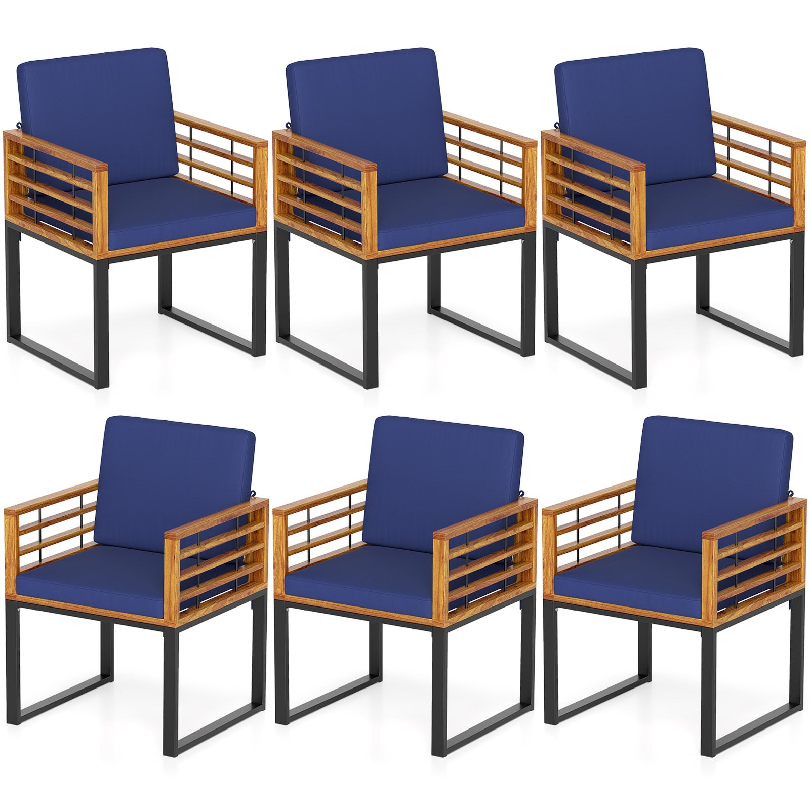 Outdoor Acacia Wood Patio Dining Chairs Set of 6 with Seat Back Cushions, Navy Patio Dining Chairs Navy at Gallery Canada