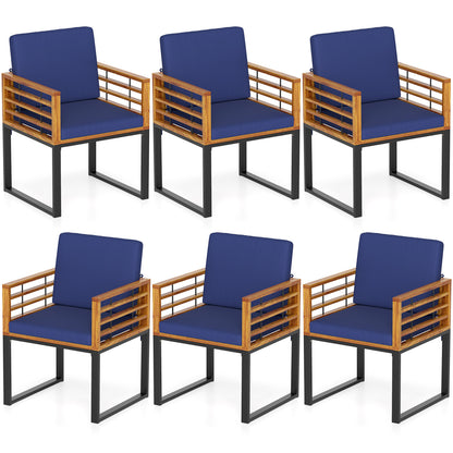 Outdoor Acacia Wood Patio Dining Chairs Set of 6 with Seat Back Cushions, Navy Patio Dining Chairs Navy at Gallery Canada