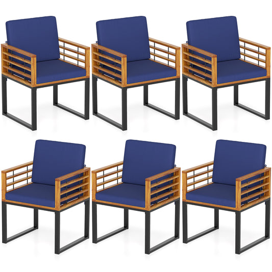Outdoor Acacia Wood Patio Dining Chairs Set of 6 with Seat Back Cushions, Navy Patio Dining Chairs Navy at Gallery Canada