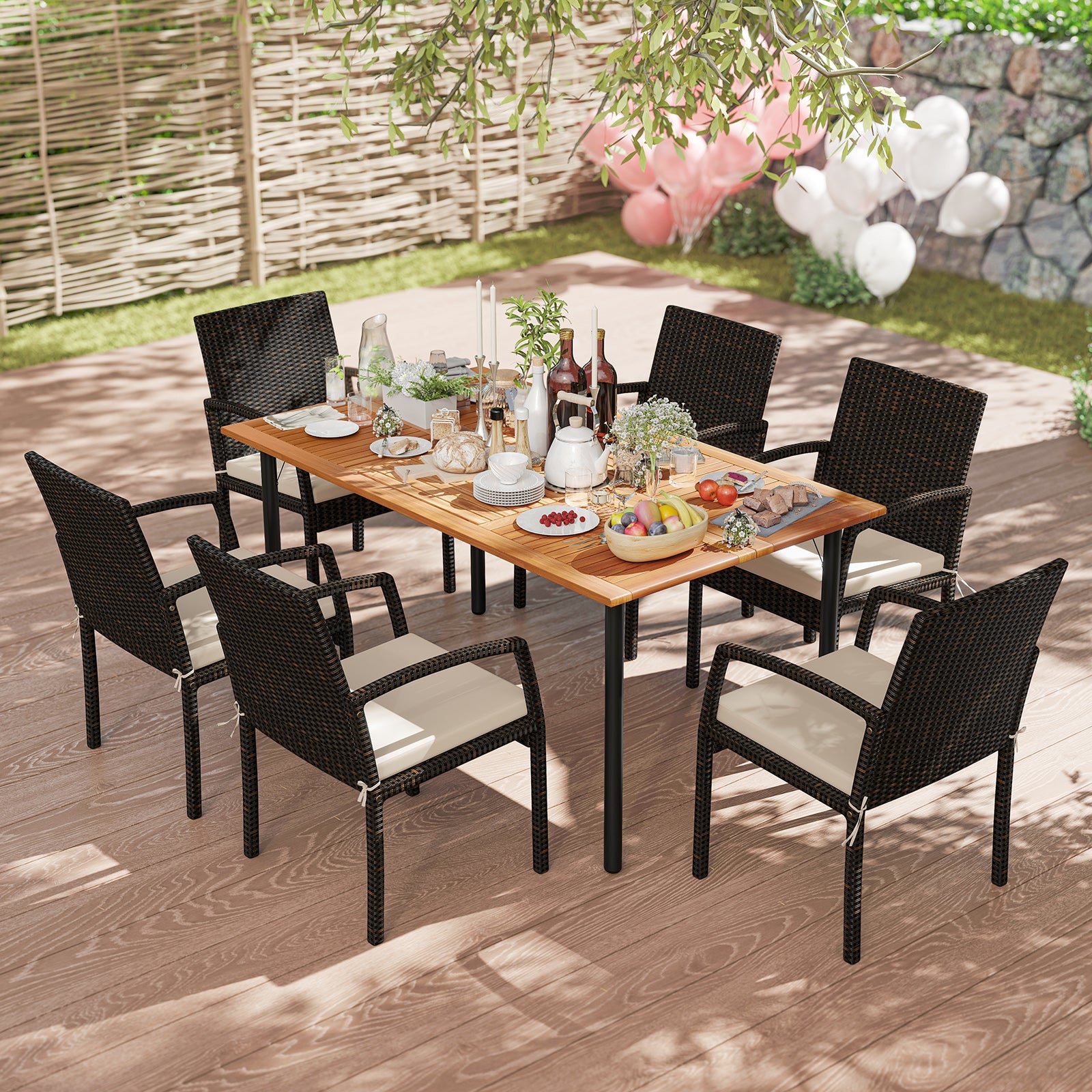 7 Pieces Outdoor Dining Set Acacia Wood Table with Umbrella Hole and Cushions, Off White Patio Dining Sets at Gallery Canada