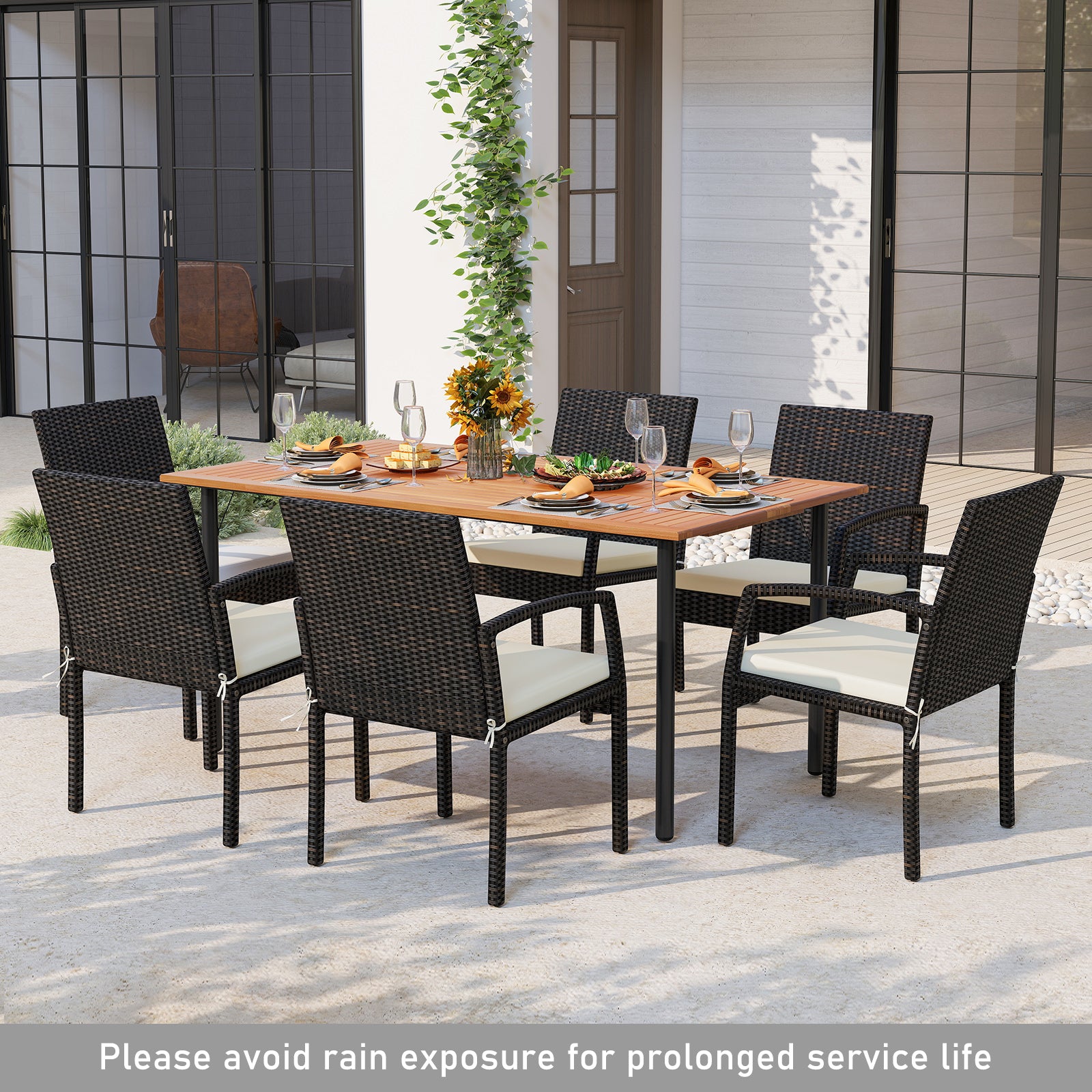 7 Pieces Outdoor Dining Set Acacia Wood Table with Umbrella Hole and Cushions, Off White Patio Dining Sets at Gallery Canada